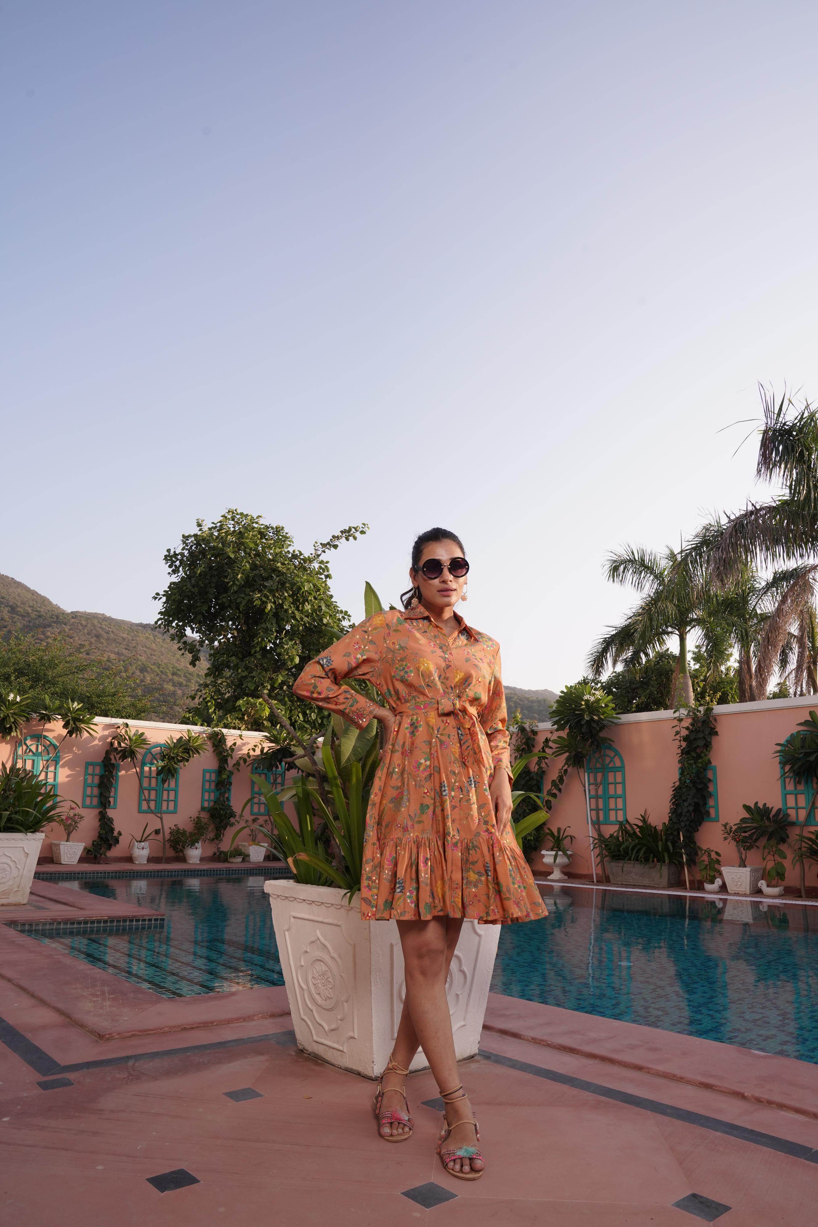 BulBul Flowery Orange Cotton Short Dress