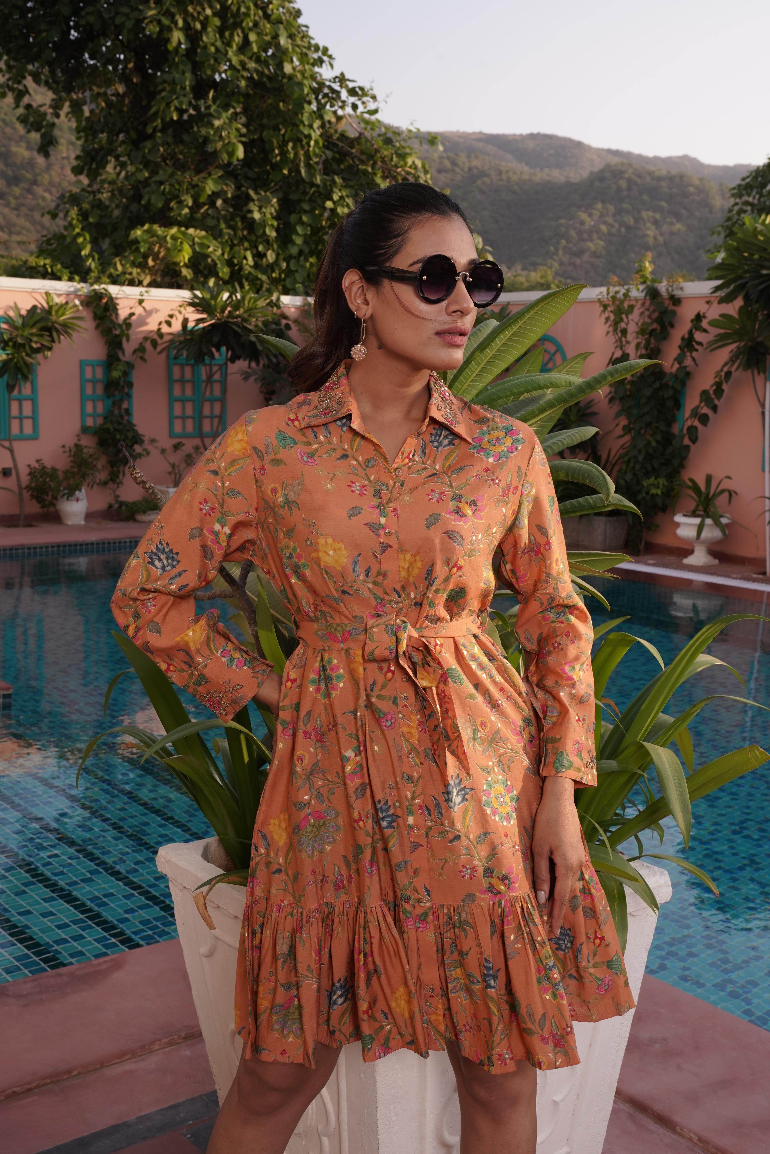 BulBul Flowery Orange Cotton Short Dress