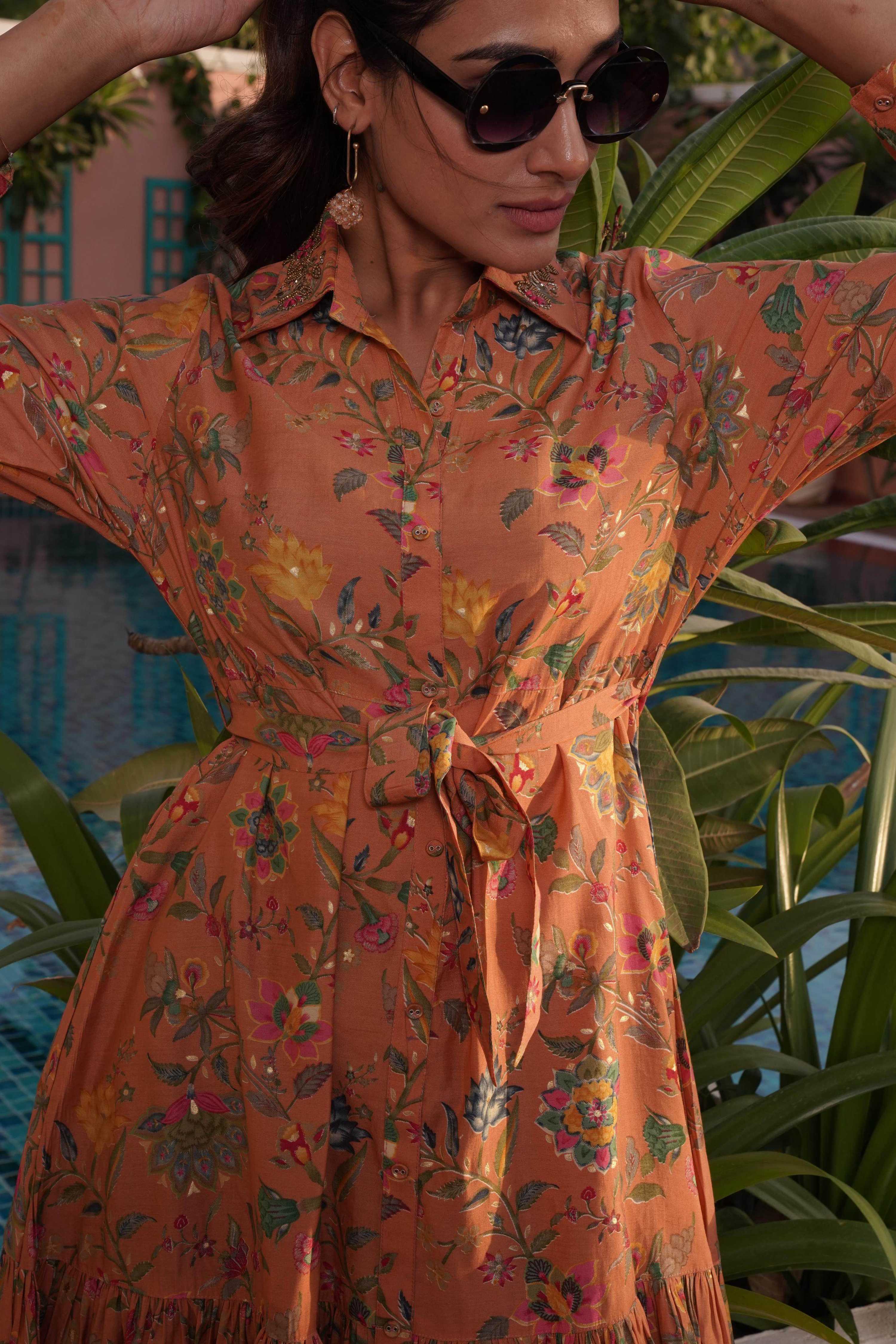 BulBul Flowery Orange Cotton Short Dress