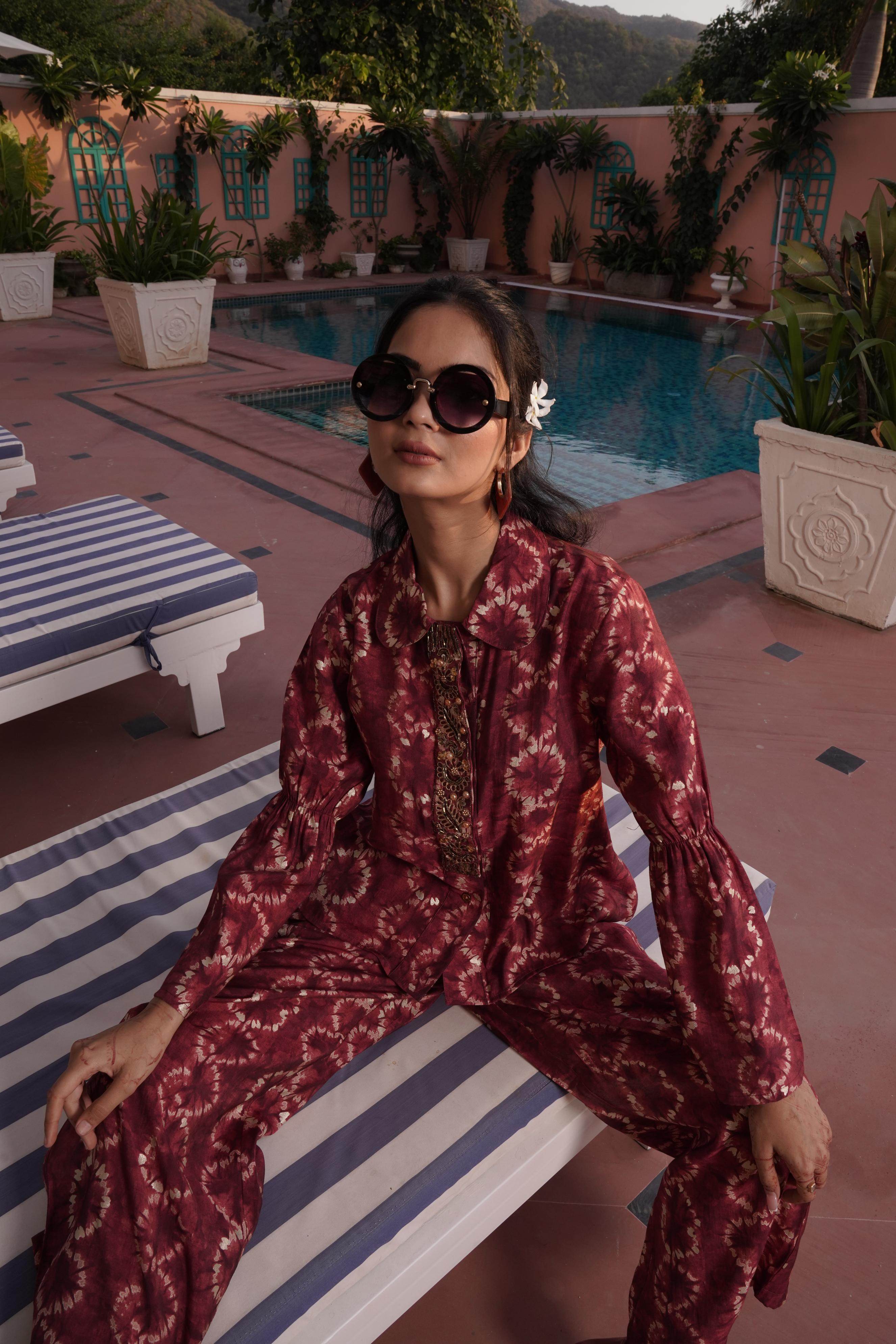 BulBul Aneri Maroon Chanderi Co-Ord Set