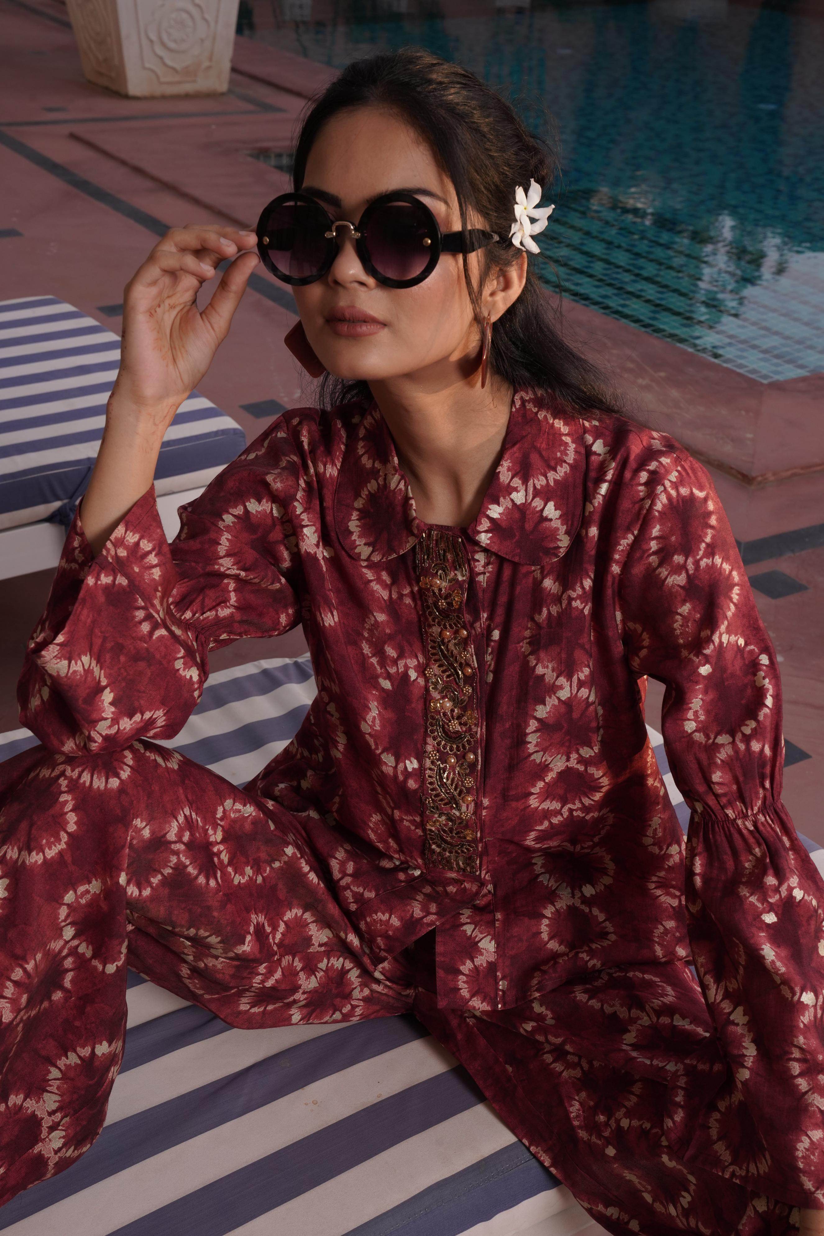 BulBul Aneri Maroon Chanderi Co-Ord Set