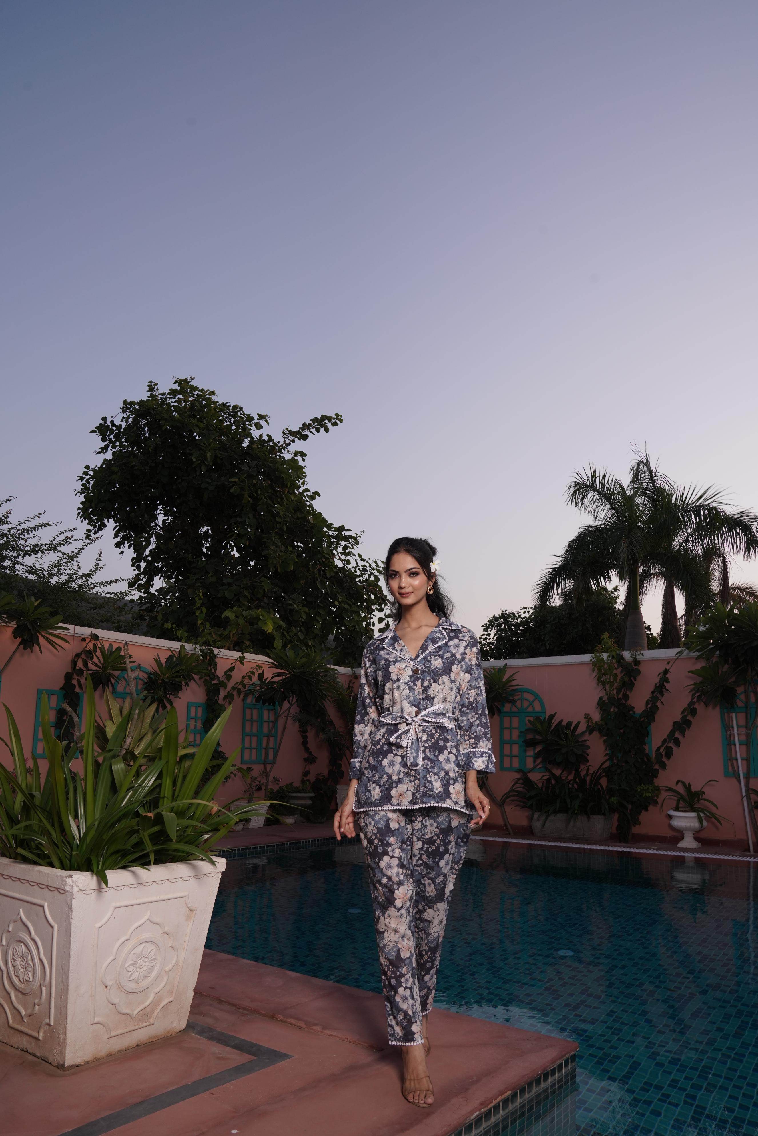 BulBul Blue Cotton Long Lace Co-Ord Set