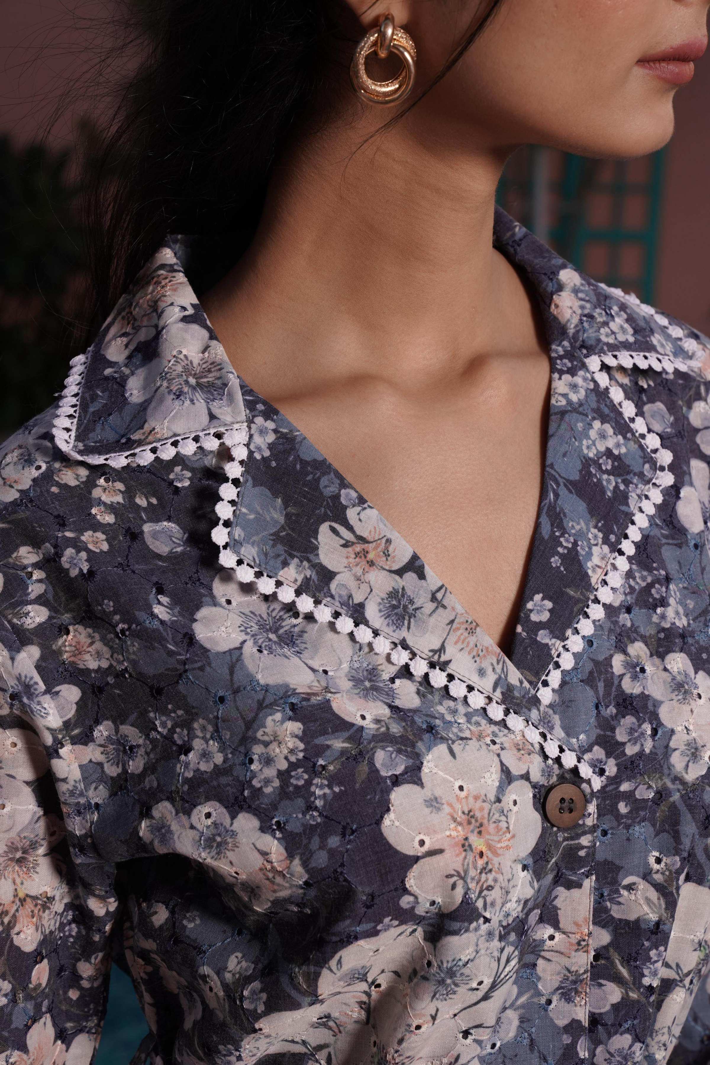 BulBul Blue Cotton Long Lace Co-Ord Set
