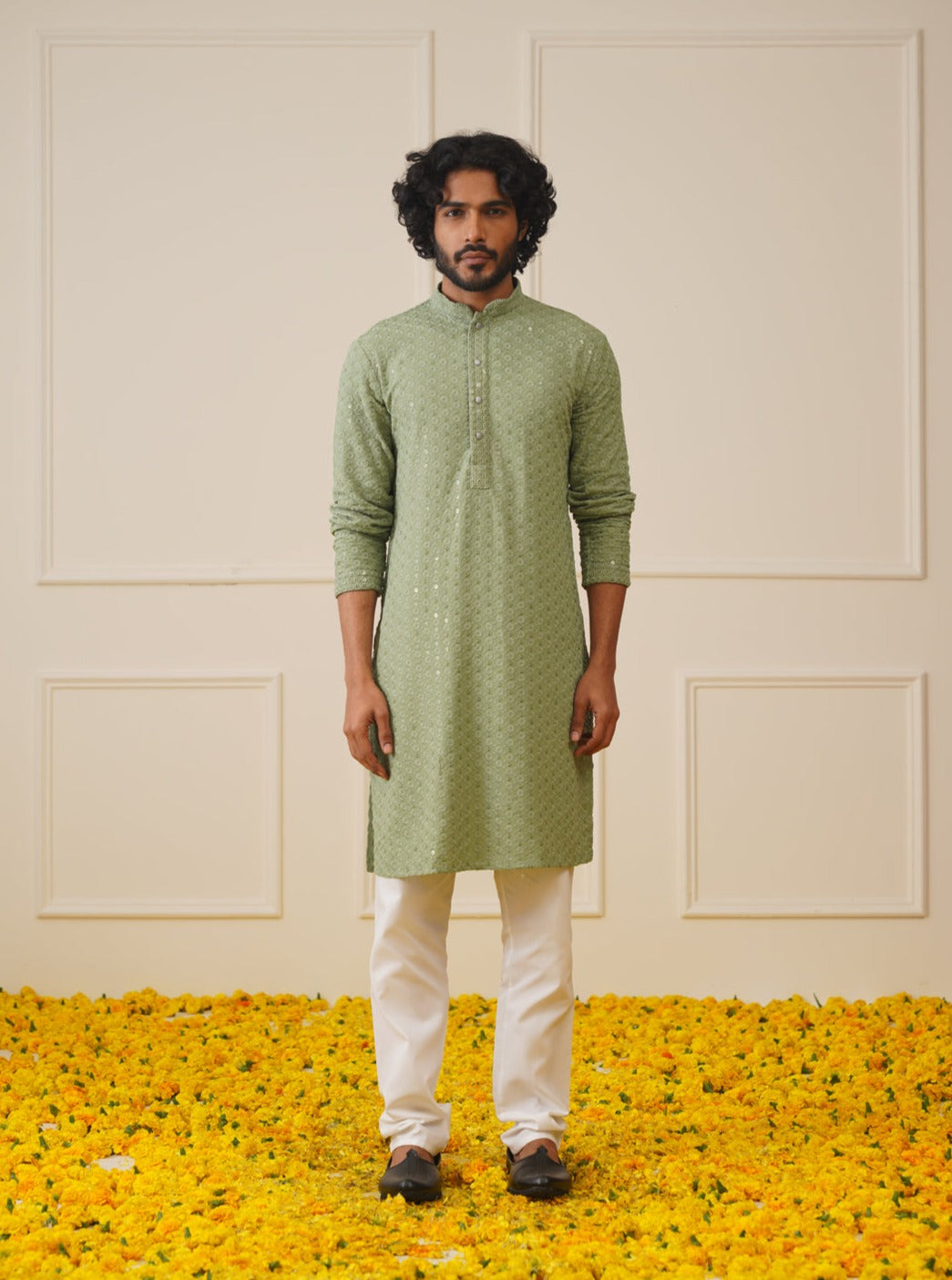 Jompers Men's Pista Green Chikankari Embroidered and Sequence Kurta - Distacart