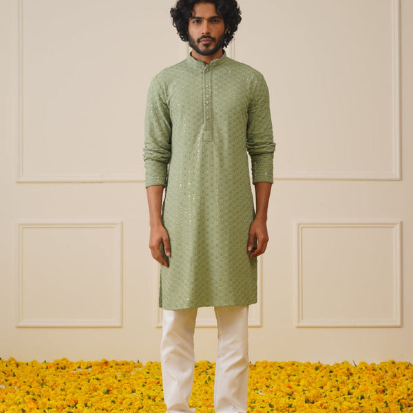 Jompers Men's Pista Green Chikankari Embroidered and Sequence Kurta - Distacart