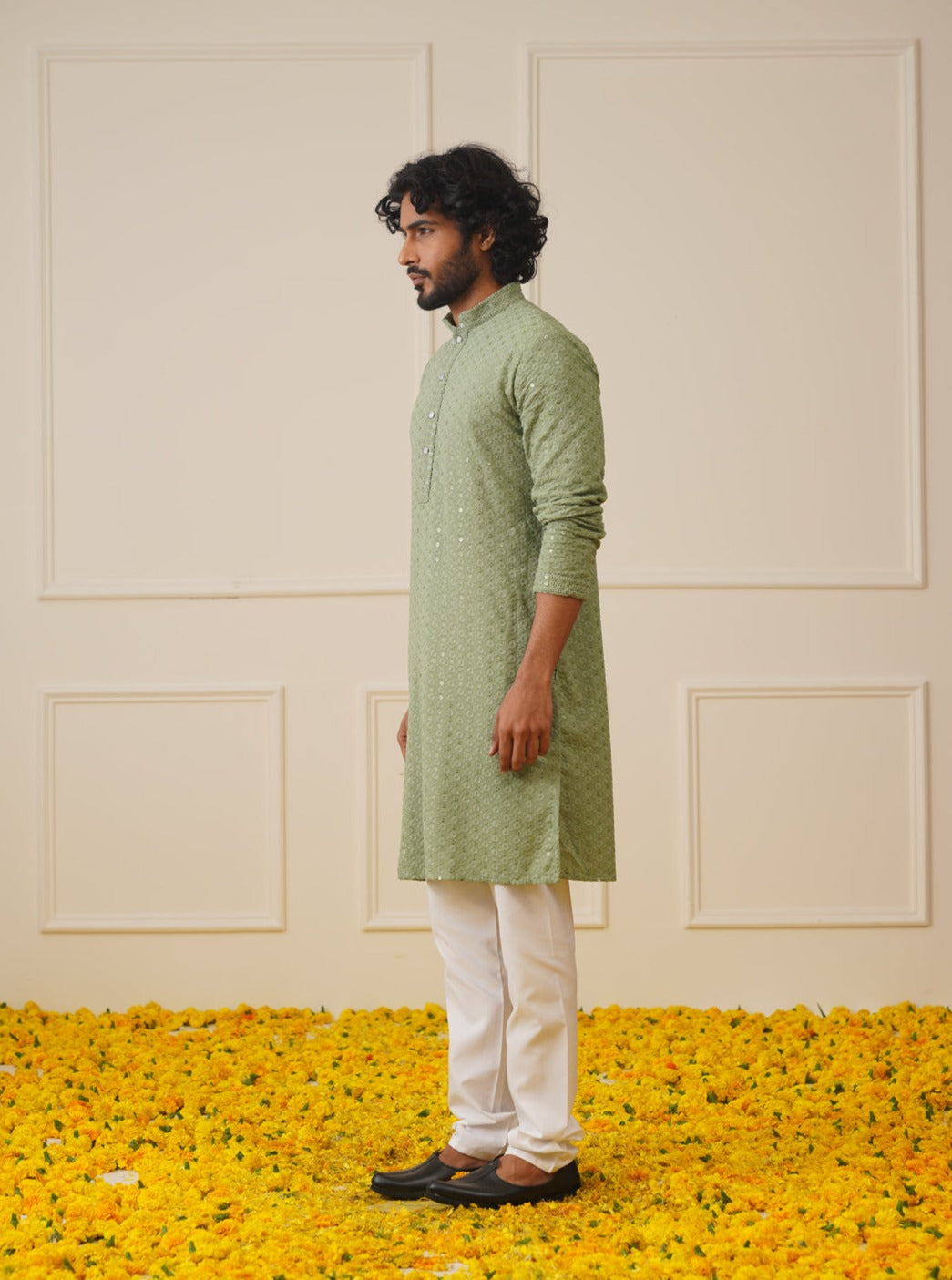 Jompers Men's Pista Green Chikankari Embroidered and Sequence Kurta - Distacart