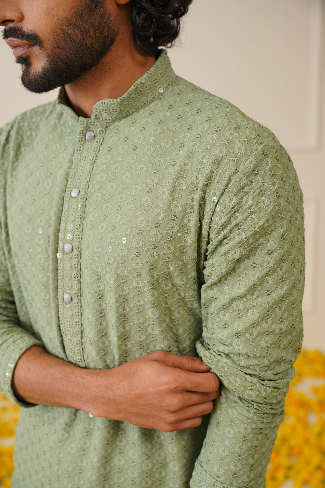 Jompers Men's Pista Green Chikankari Embroidered and Sequence Kurta - Distacart