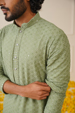 Thumbnail for Jompers Men's Pista Green Chikankari Embroidered and Sequence Kurta - Distacart
