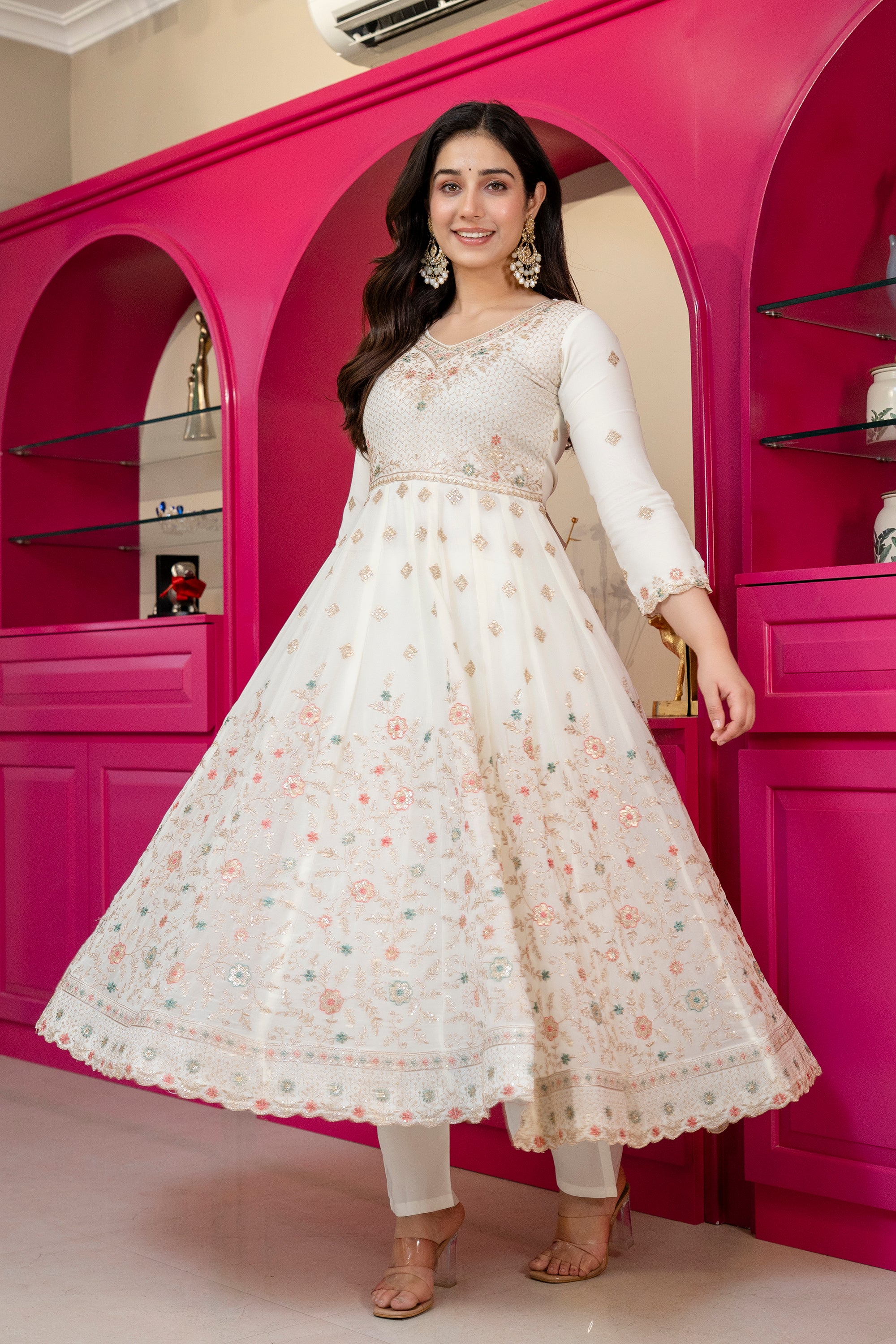 Yash Enterprise Off White Georgette Party Wear Anarkali Suit Set - Dista