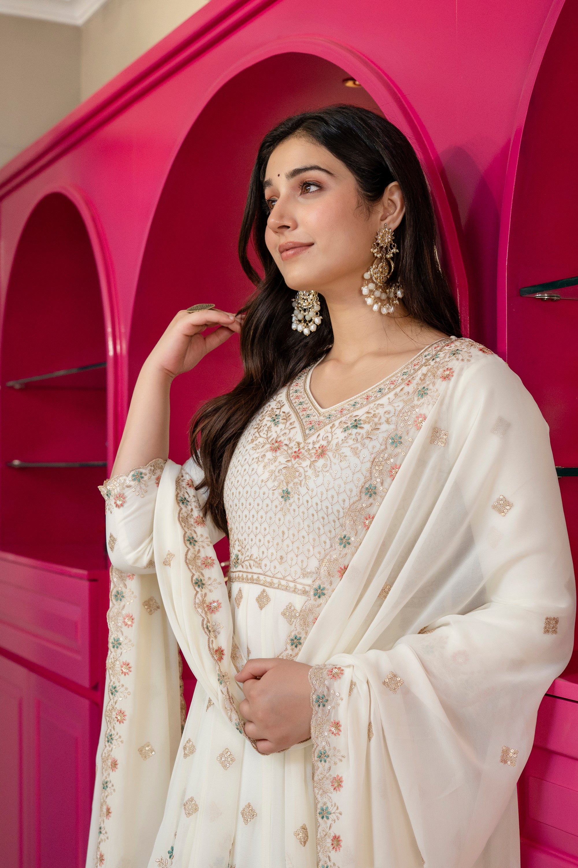 Yash Enterprise Off White Georgette Party Wear Anarkali Suit Set - Dista