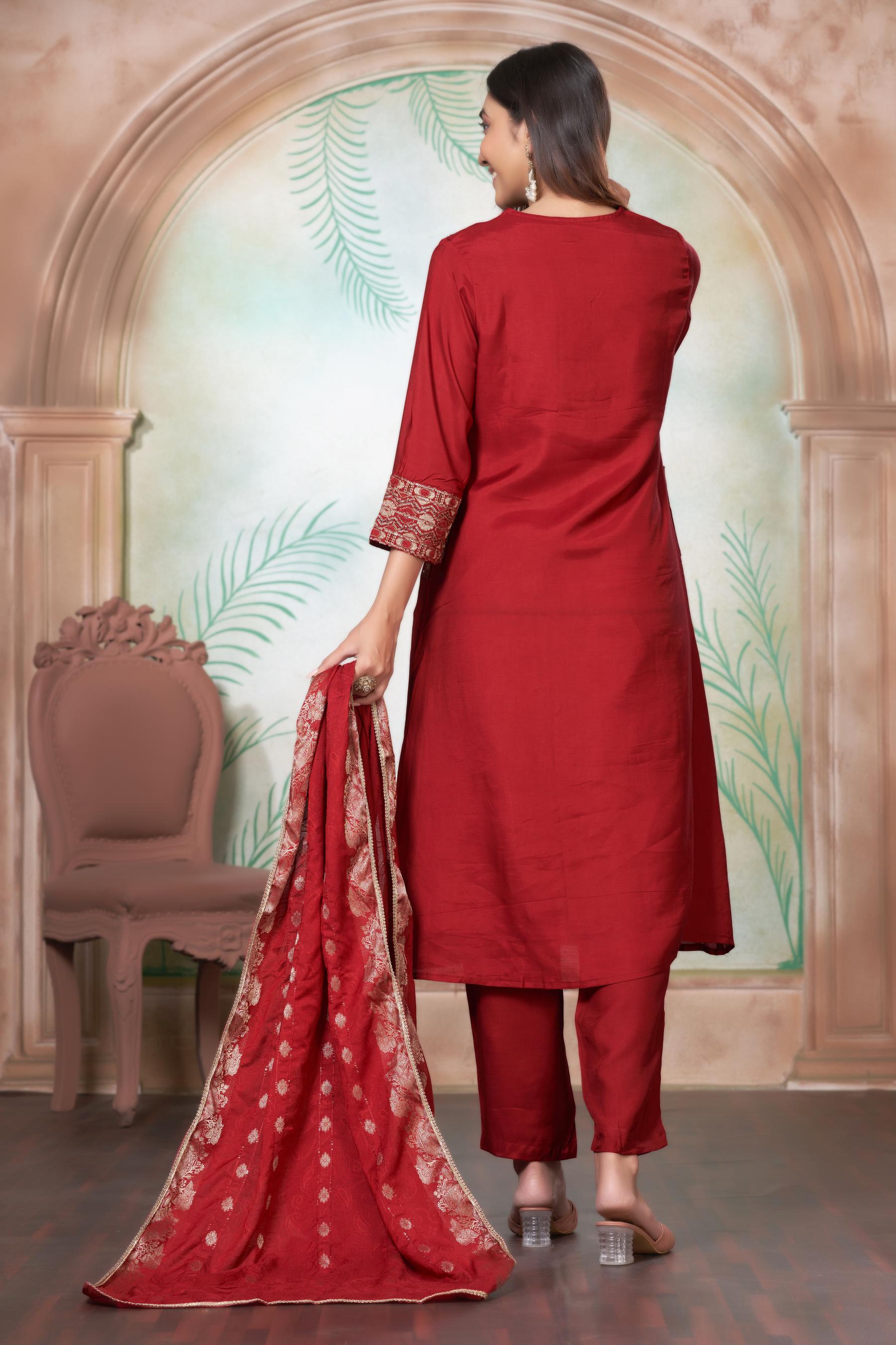 BulBul Ashima Red Muslin Kurta Set With Dupatta