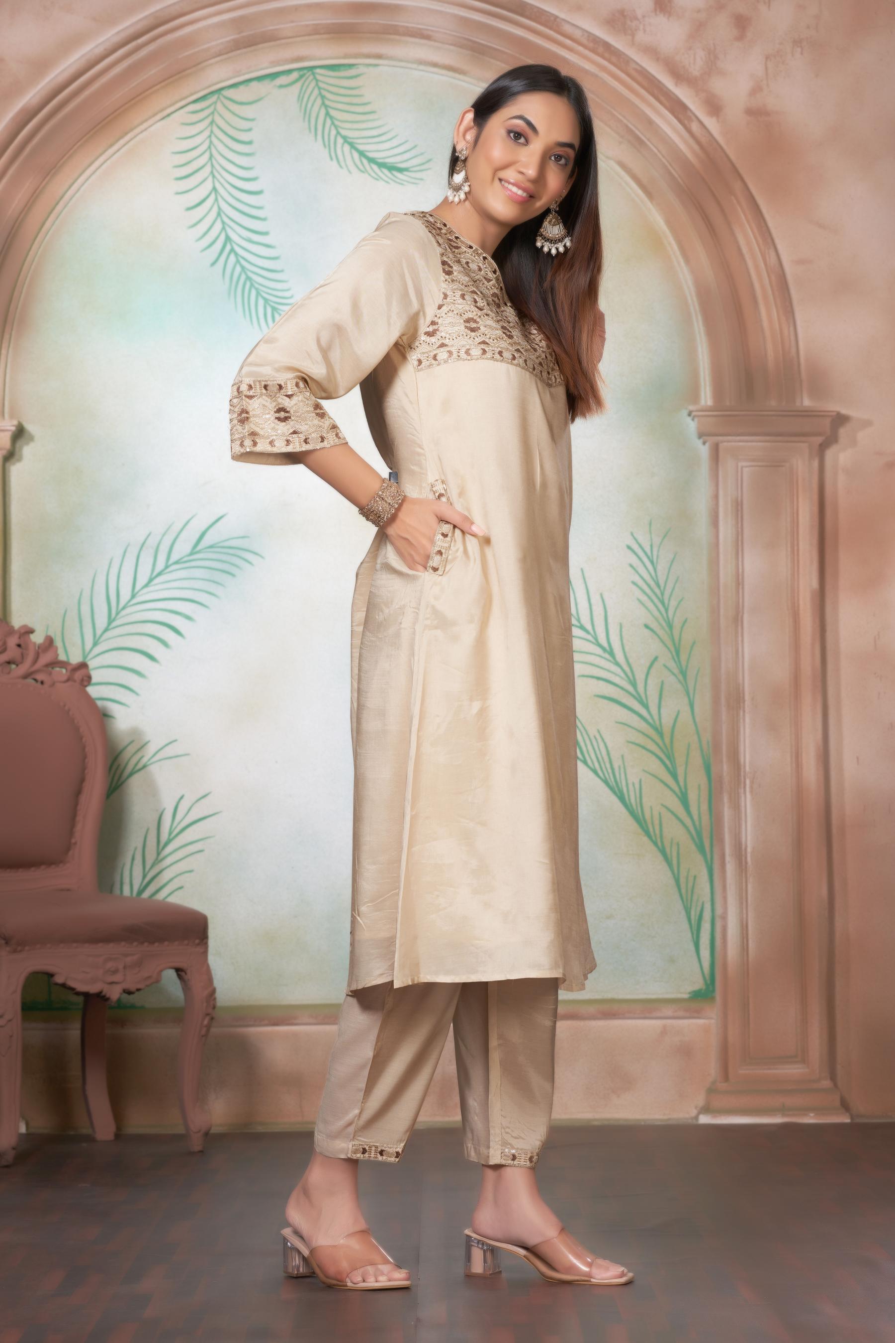 BulBul Ashima Beige Cotton Kurta Set With Dupatta