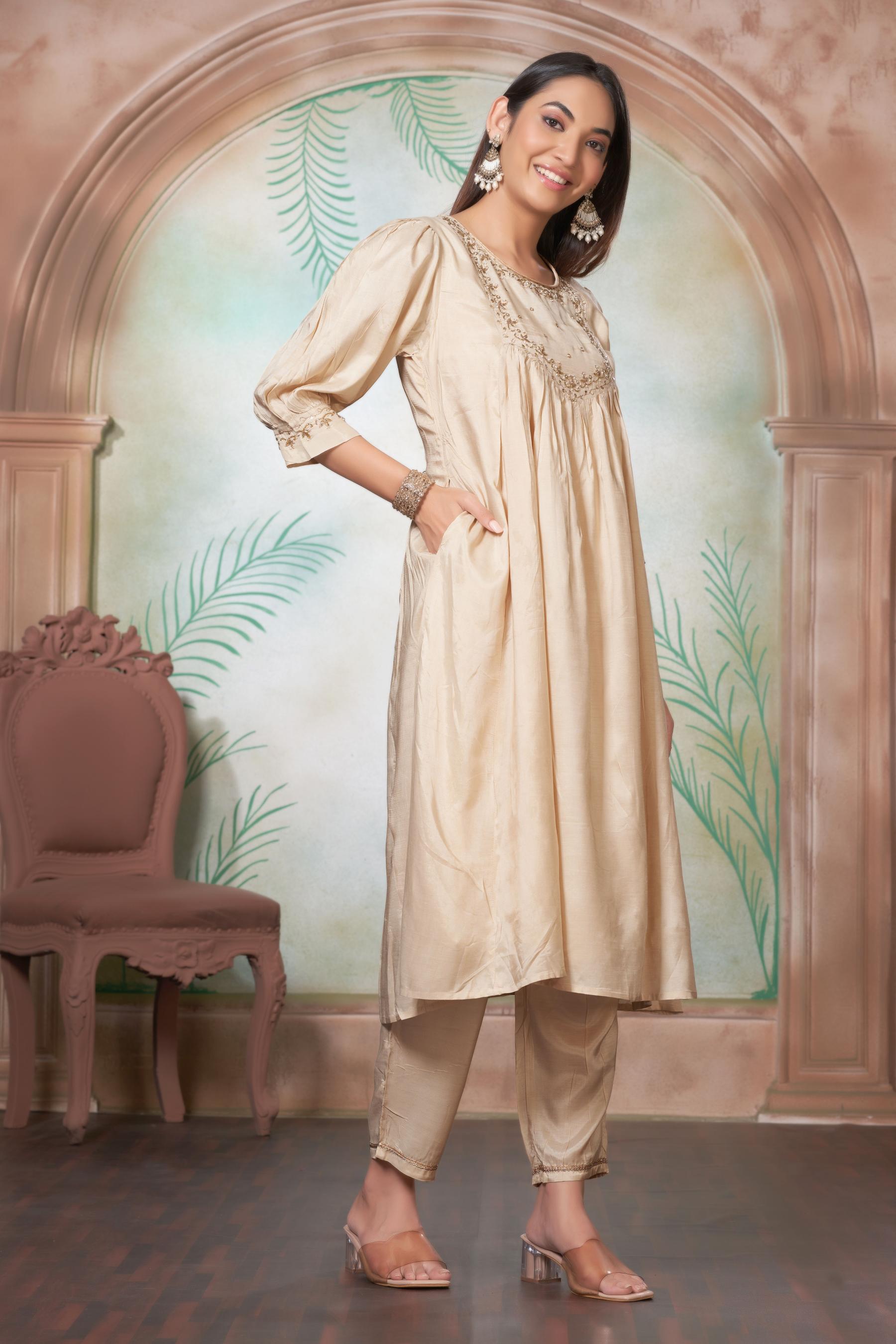 BulBul Gayatri Muslin Beige Kurta Set With Dupatta