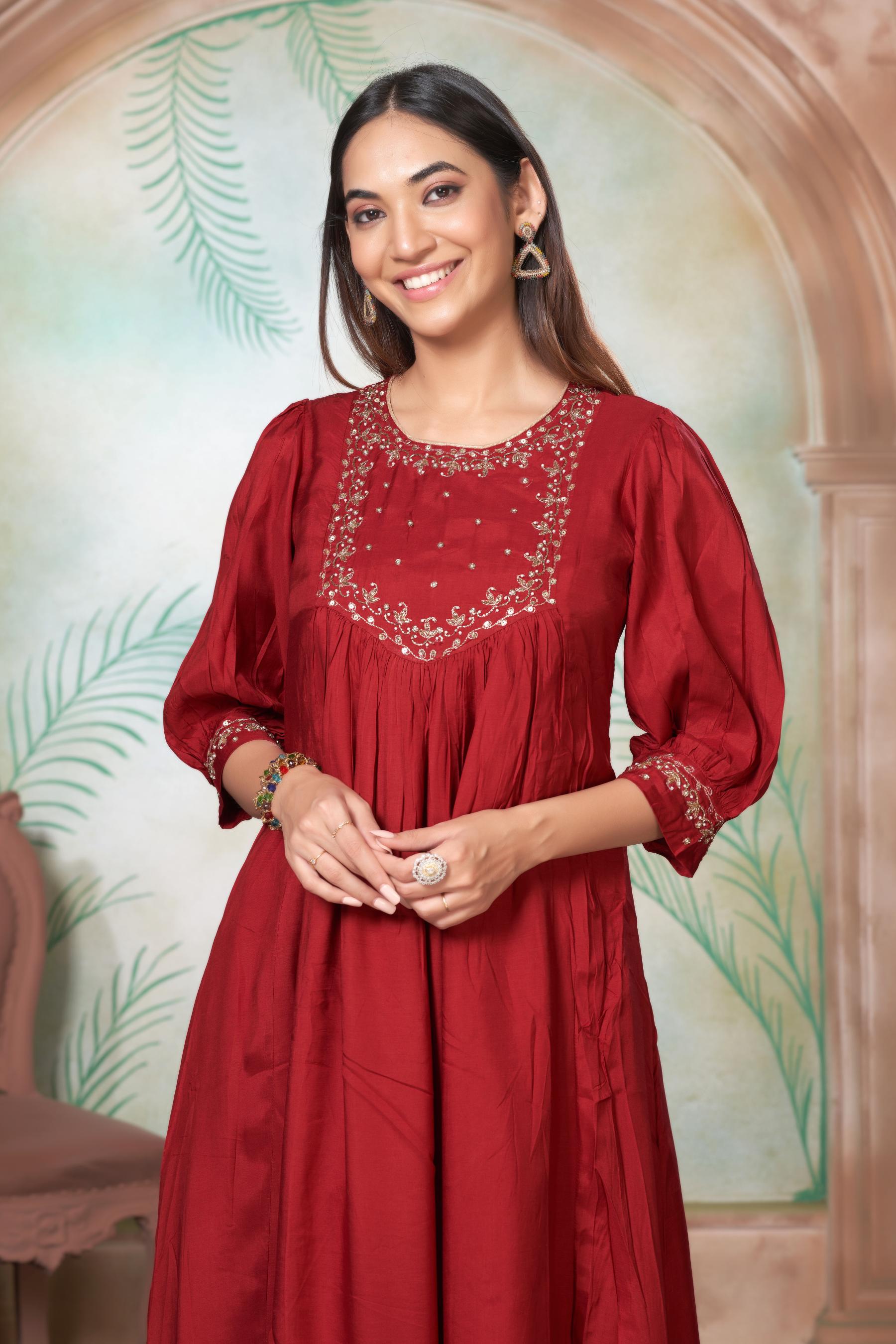 BulBul Gayatri Muslin Red Kurta Set With Dupatta