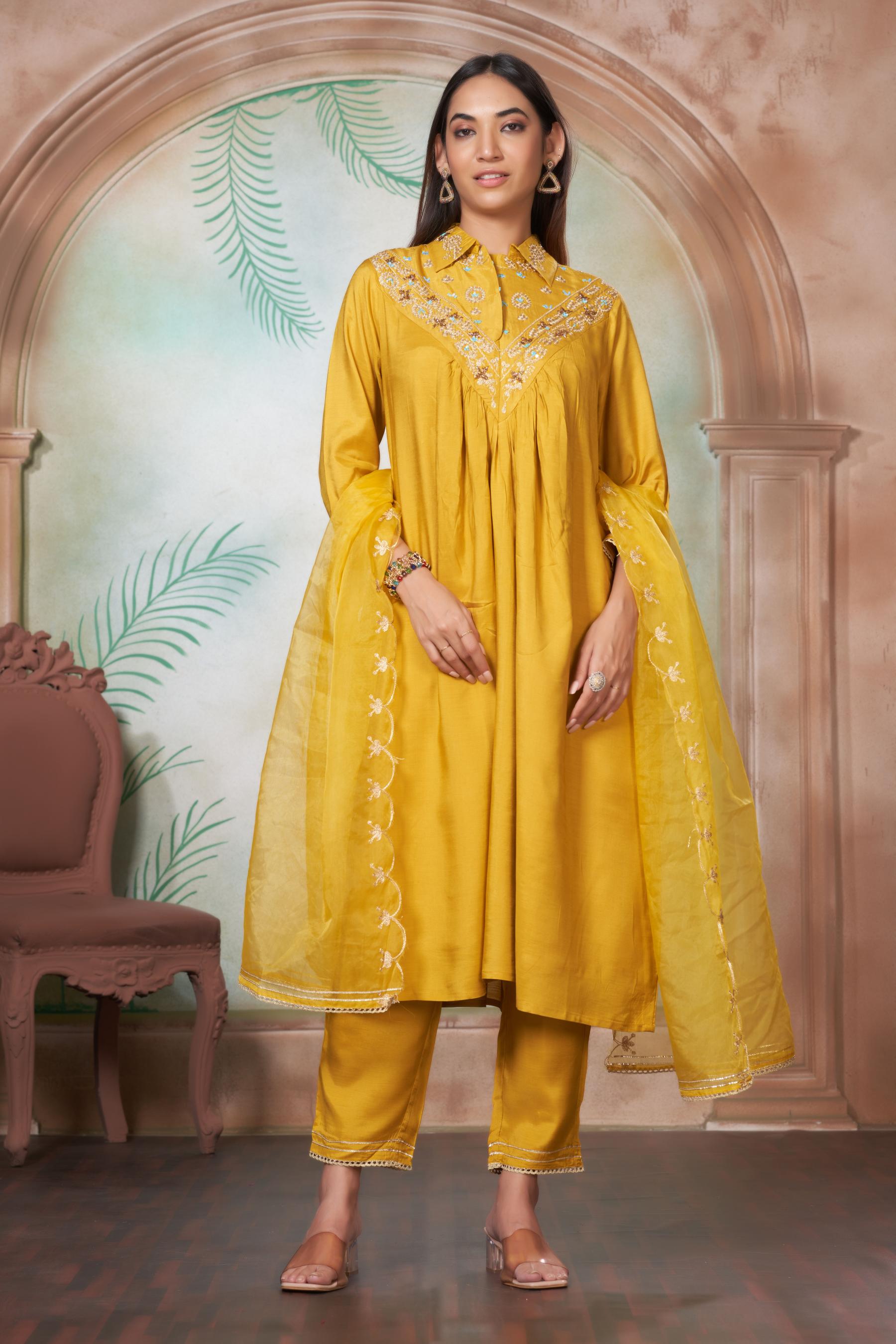 BulBul Himawari Muslin Mustard Kurta Set With Dupatta
