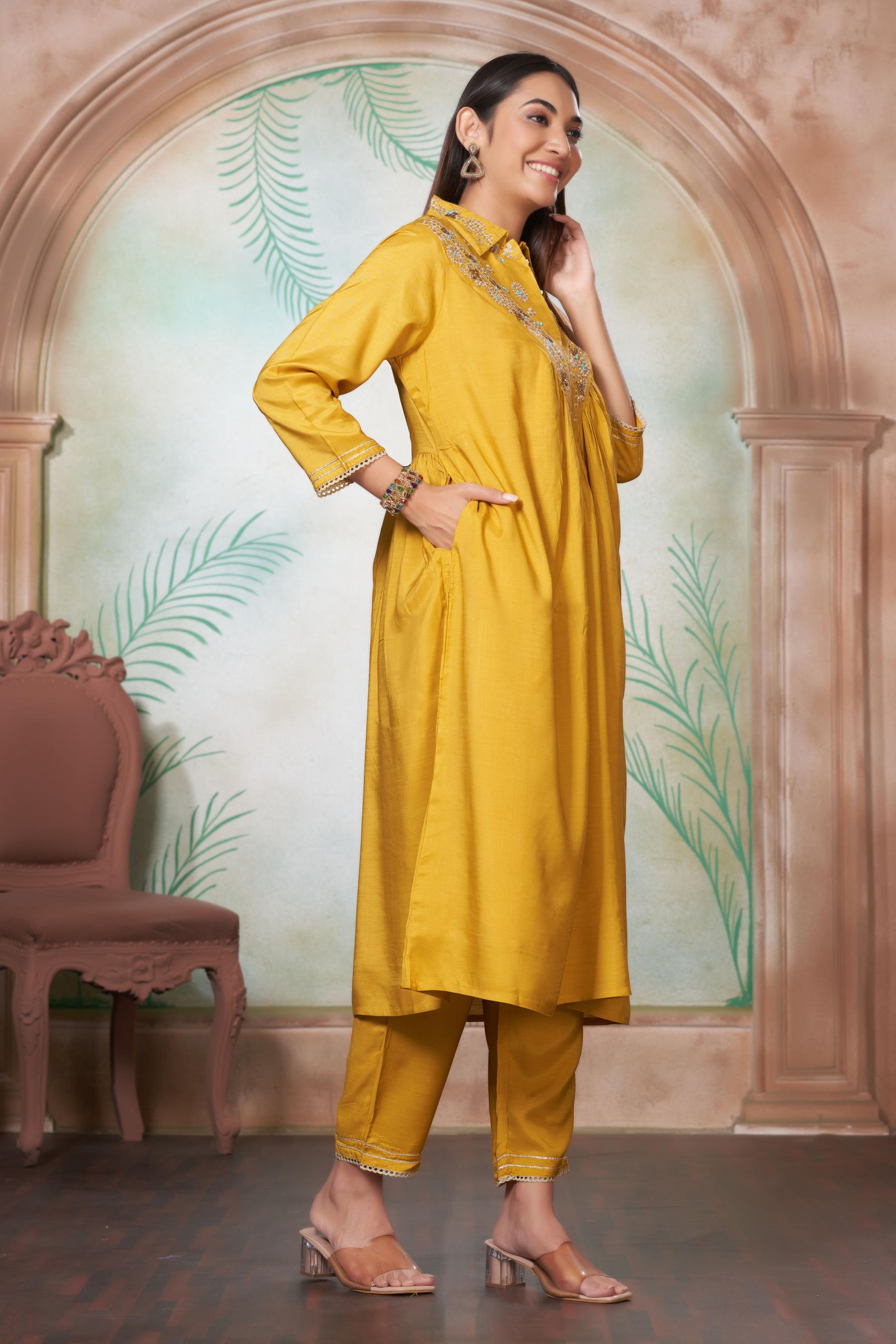 BulBul Himawari Muslin Mustard Kurta Set With Dupatta