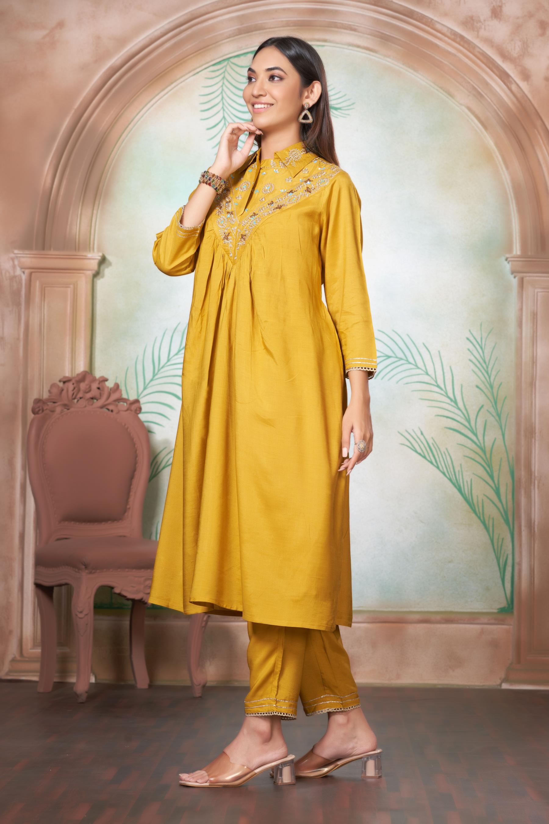BulBul Himawari Muslin Mustard Kurta Set With Dupatta