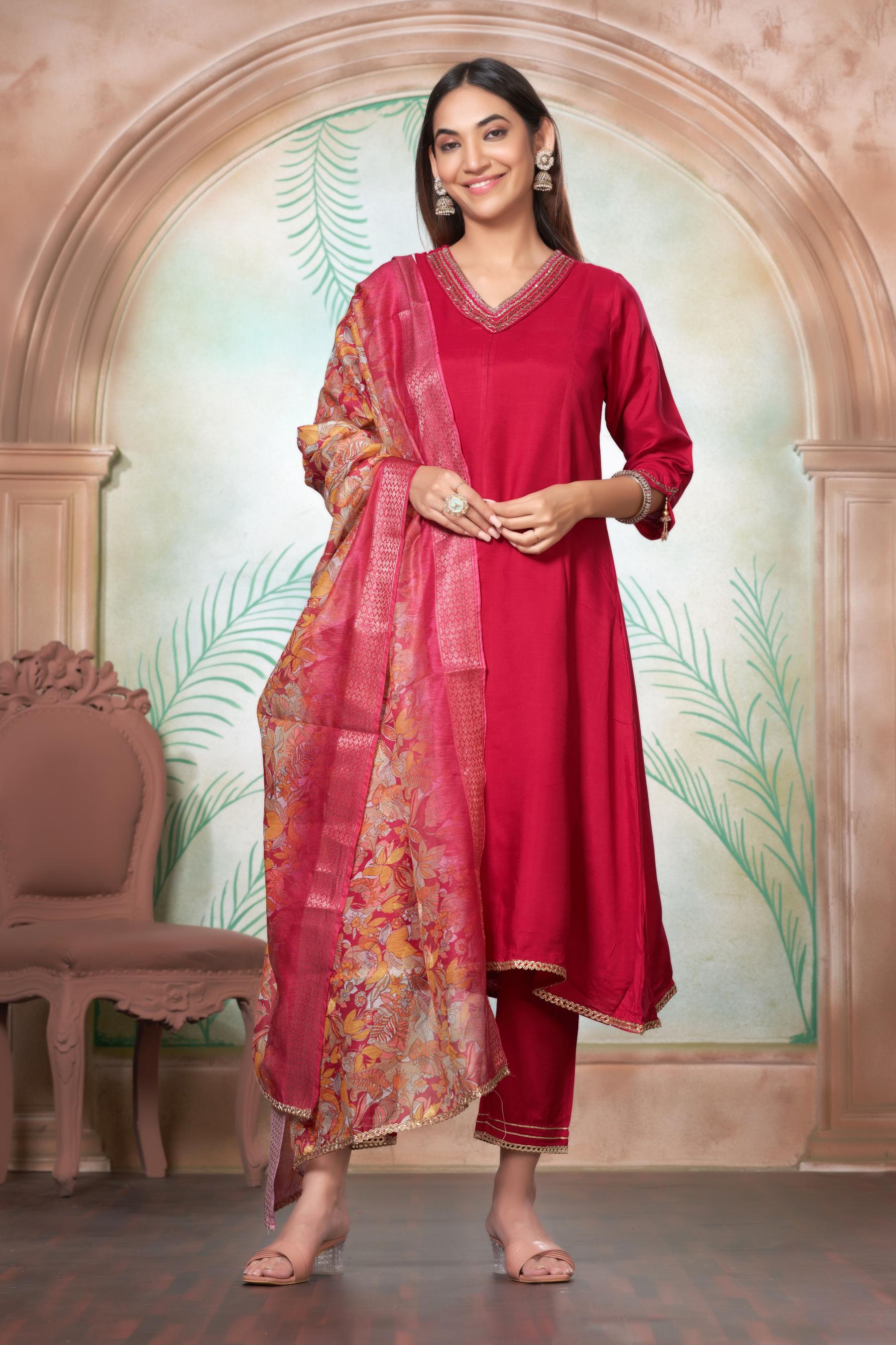 BulBul Shikha Muslin Fuschia Kurta Set With Dupatta - Distacart