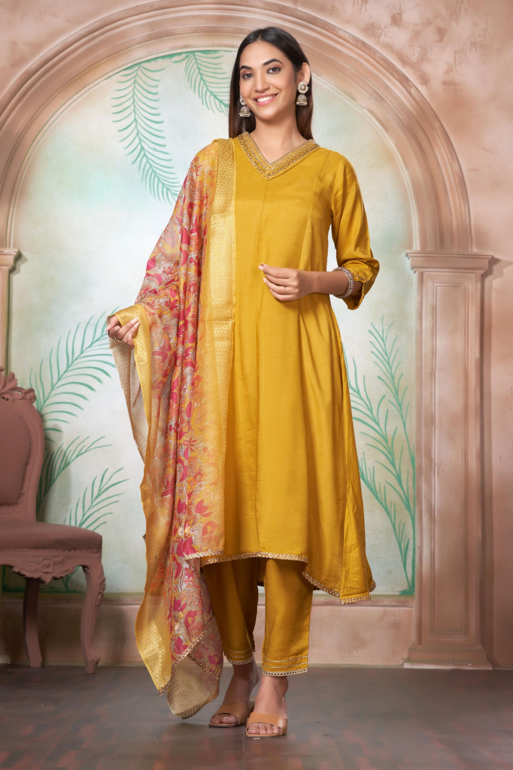 BulBul Shikha Muslin Mustard Kurta Set With Dupatta
