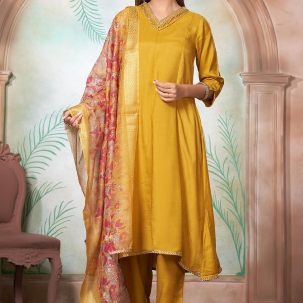 BulBul Shikha Muslin Mustard Kurta Set With Dupatta