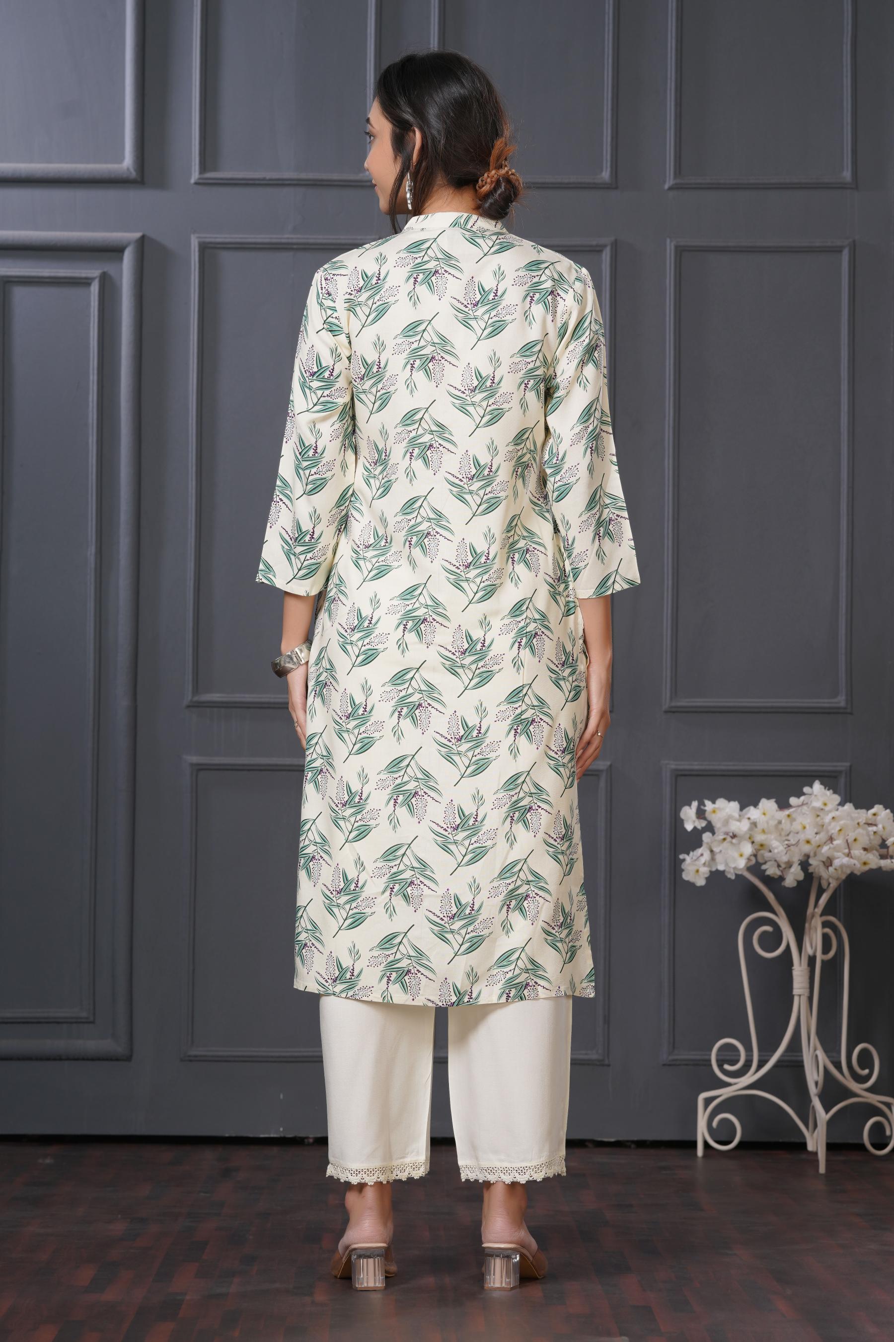 BulBul Lily Green Leaf Printed Rayon Kurta Set