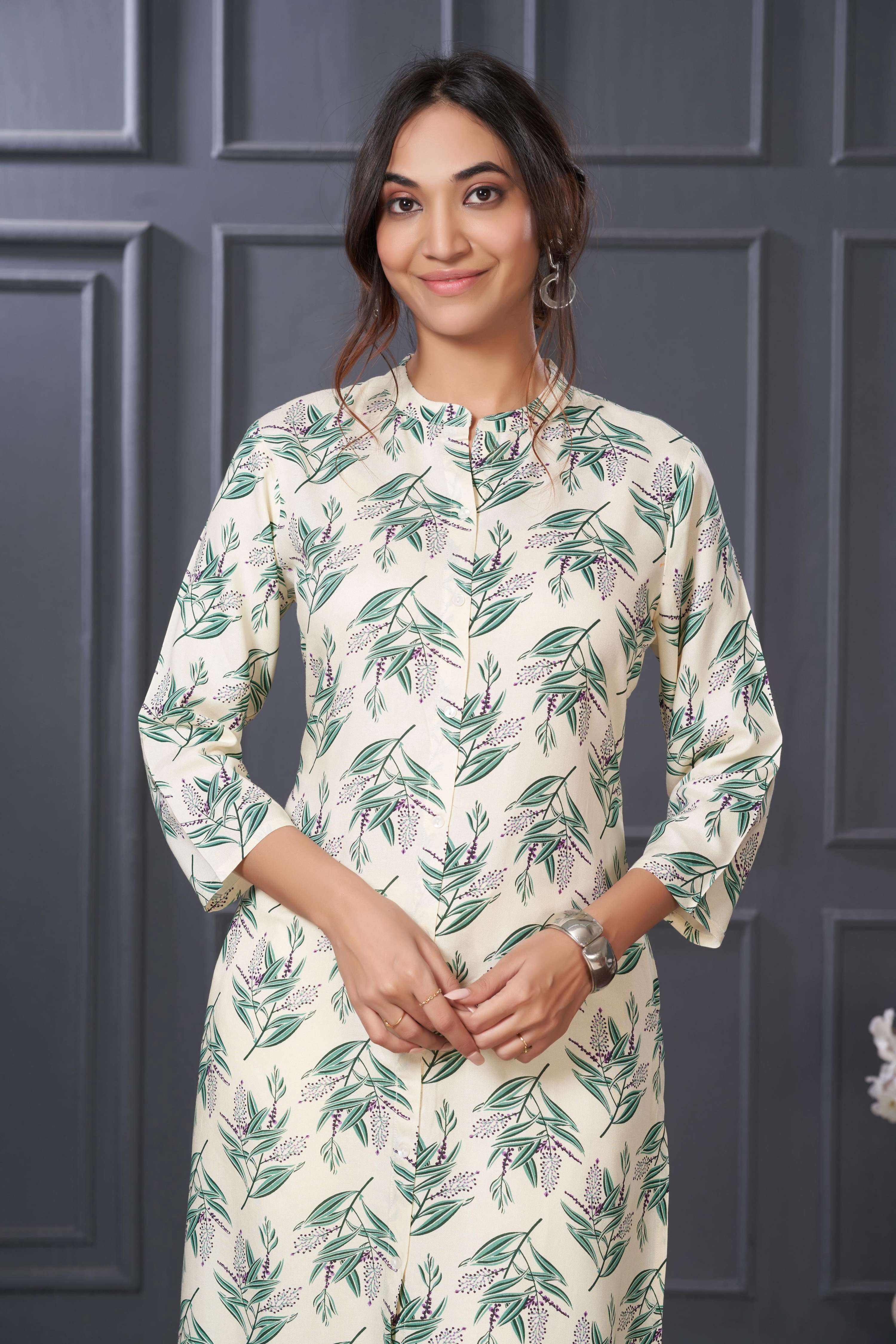 BulBul Lily Green Leaf Printed Rayon Kurta Set