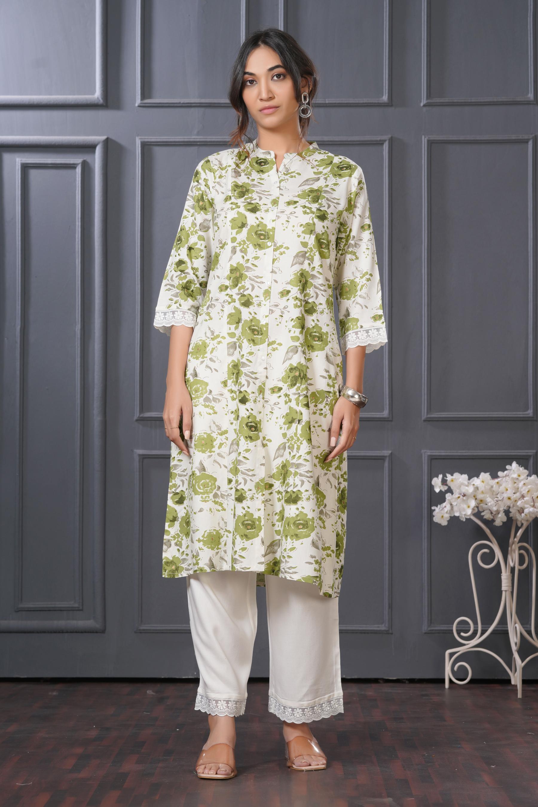 BulBul Lily Green Floral Printed Rayon Kurta Set