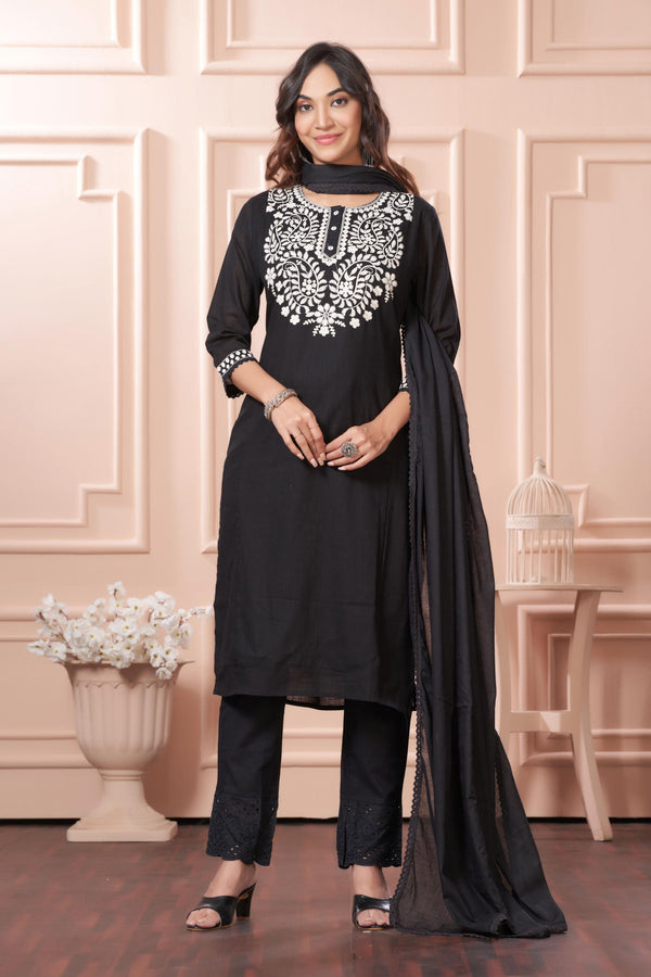 BulBul Samantha Cotton Black Kurta Set with Dupatta