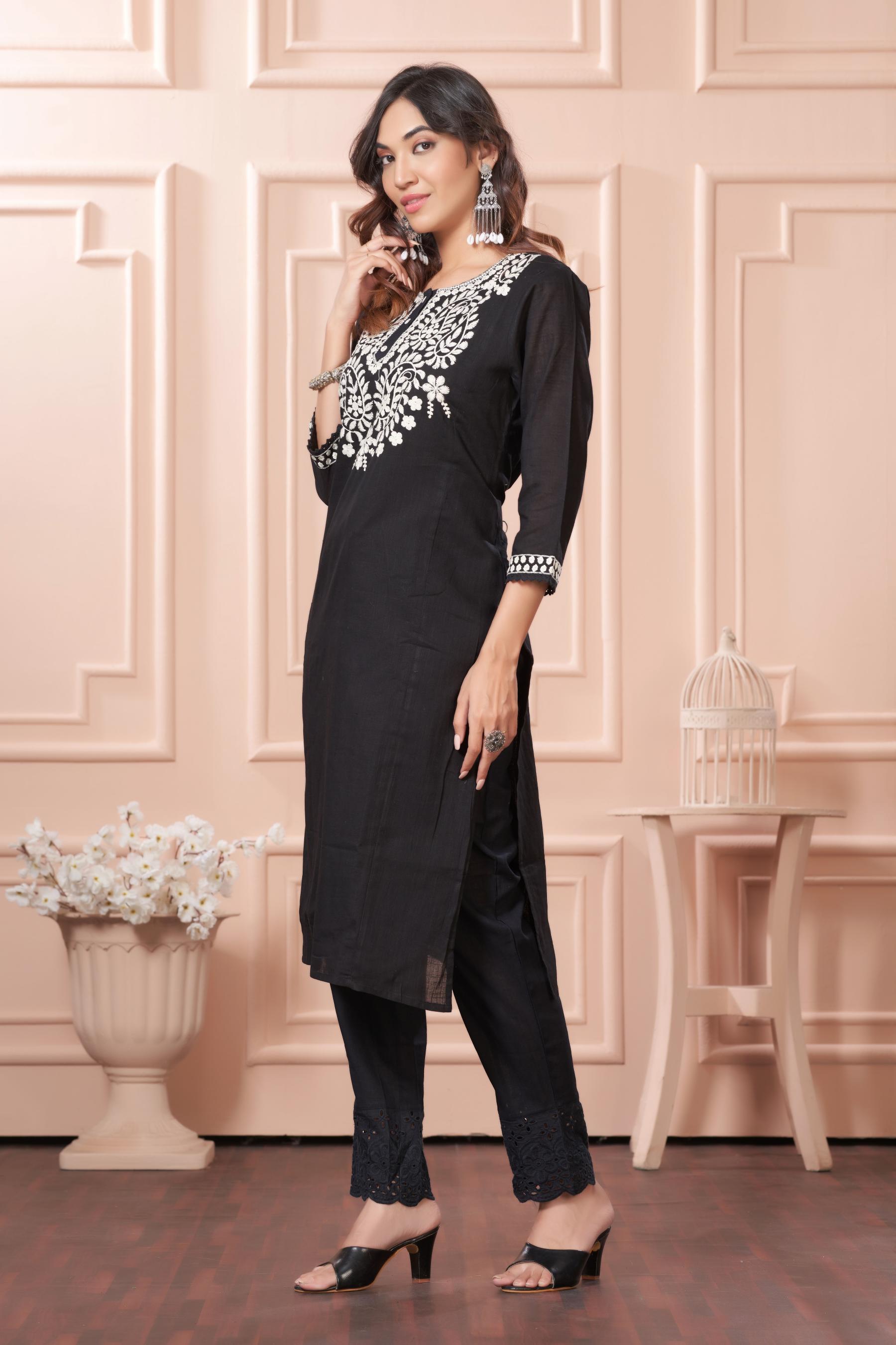 BulBul Samantha Cotton Black Kurta Set with Dupatta