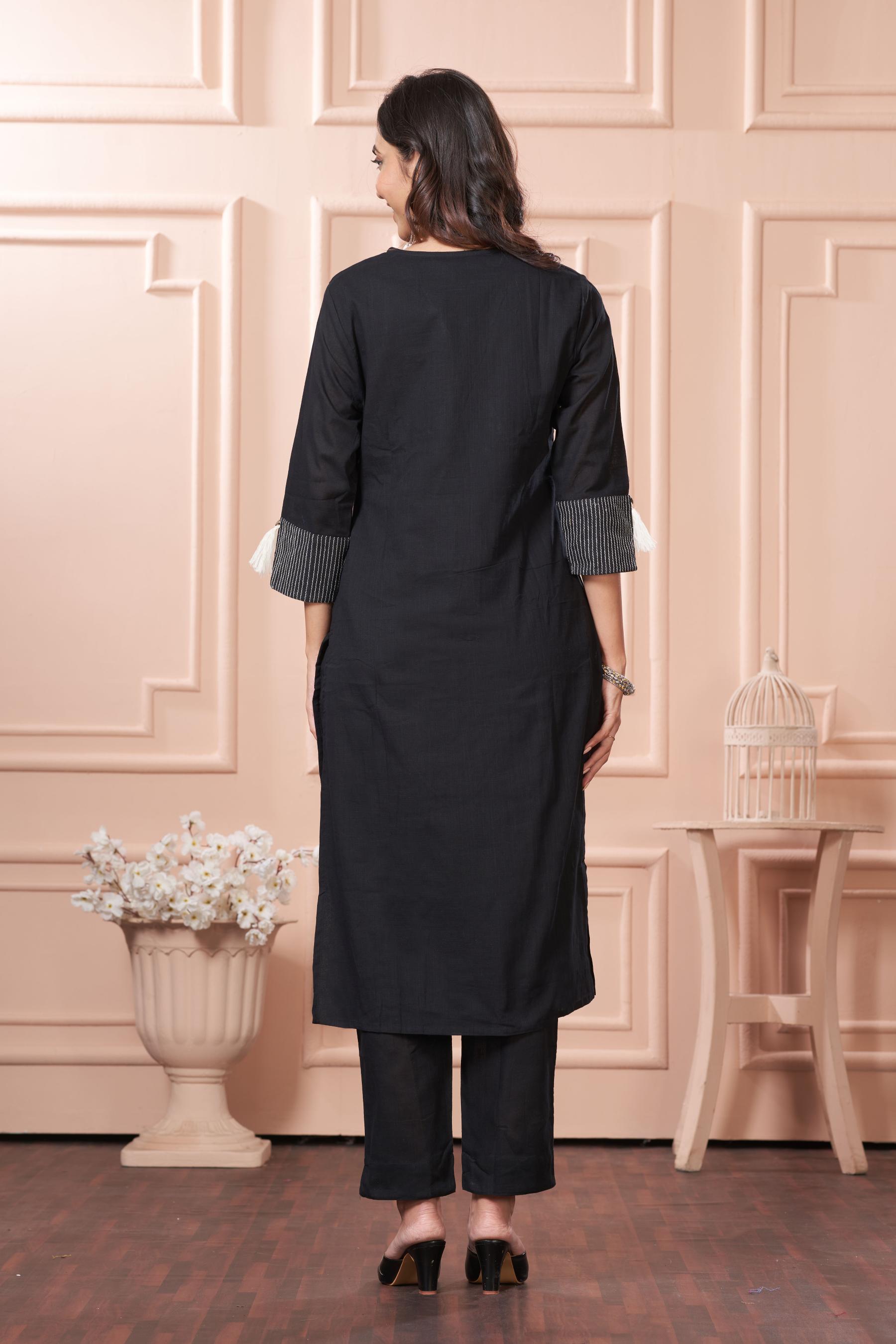 BulBul Khushi Black Cotton Kurta Set with Dupatta