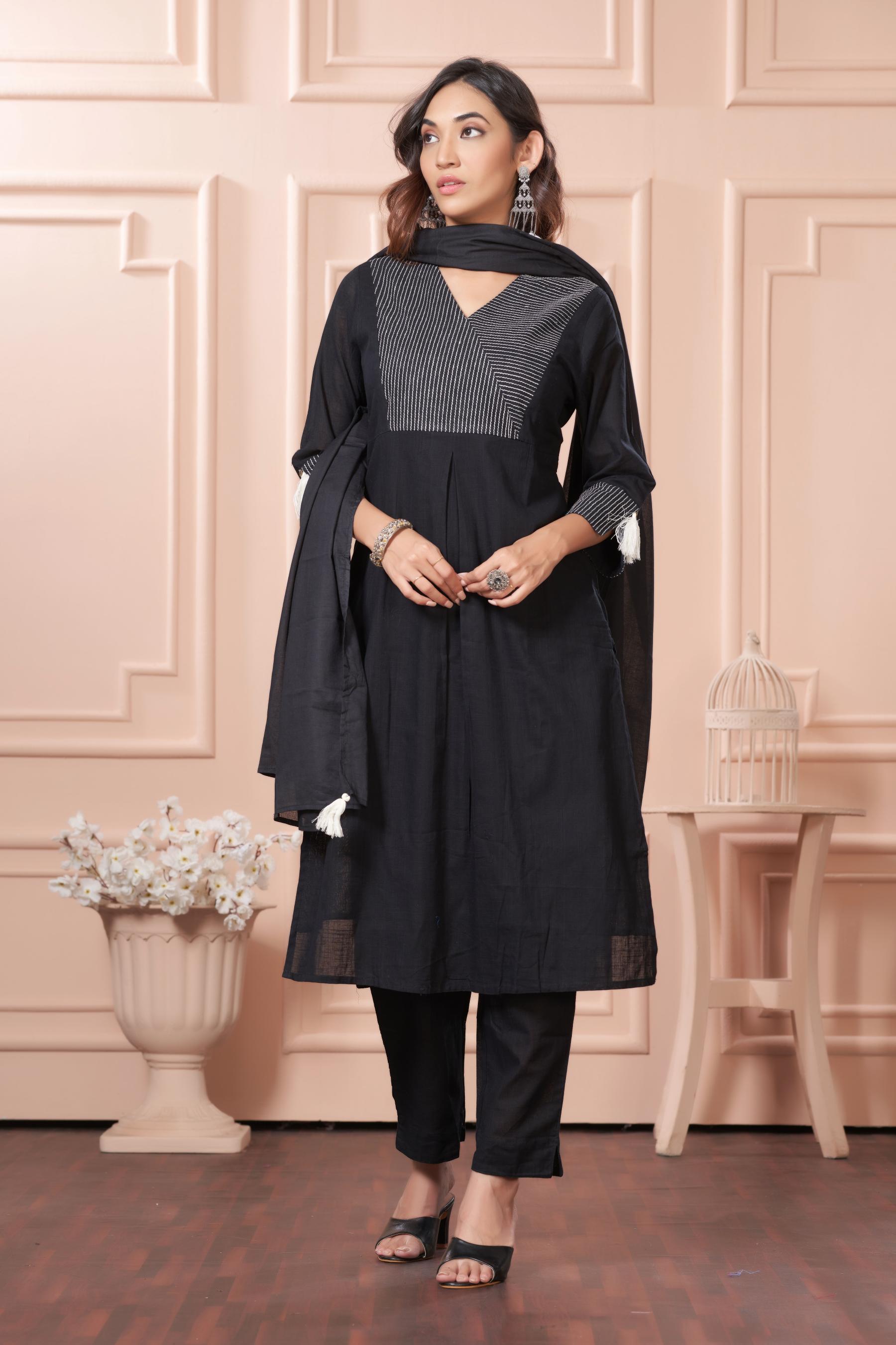 BulBul Khushi Black Cotton Kurta Set with Dupatta