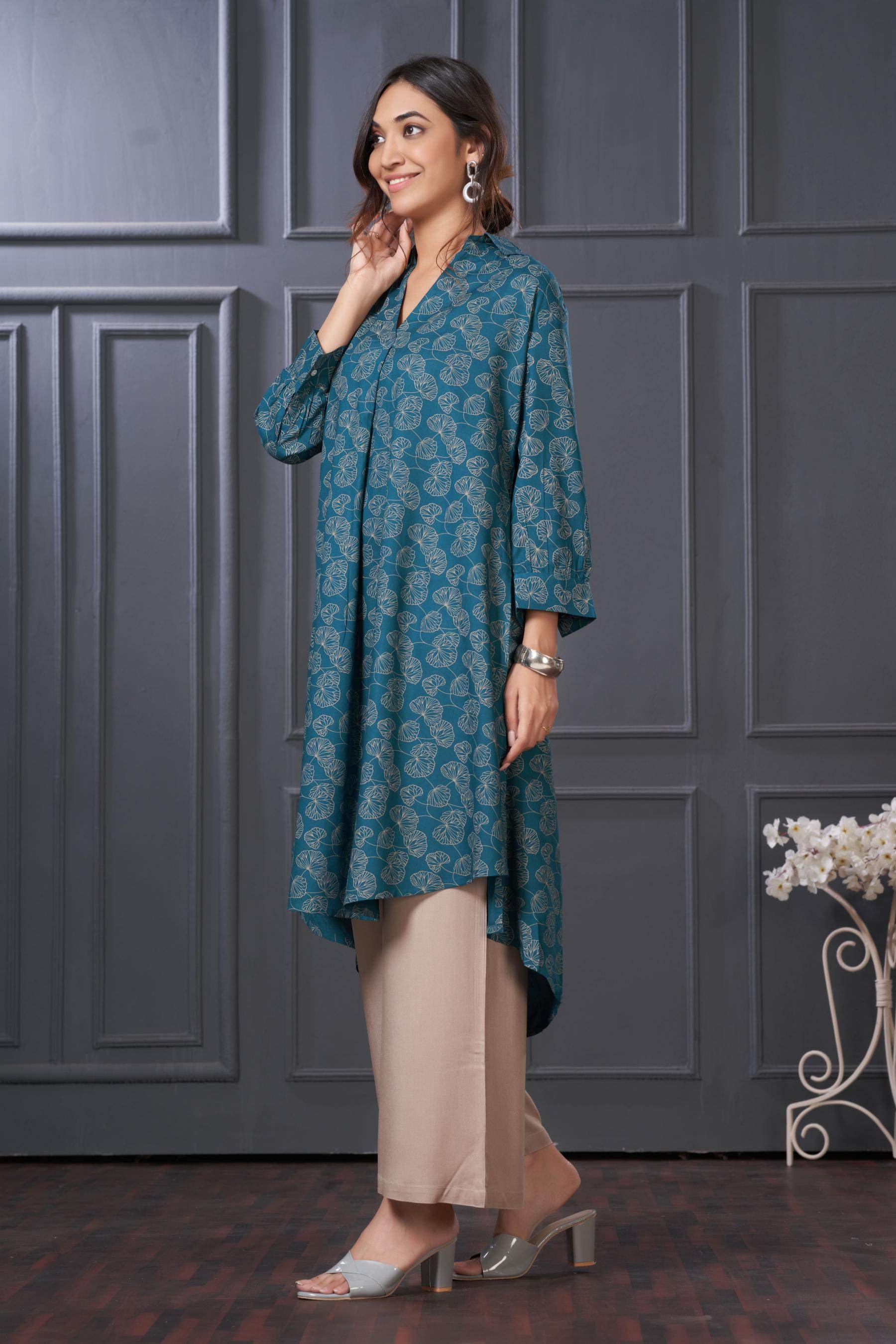 BulBul Lily Teal Printed Rayon Kurta Set