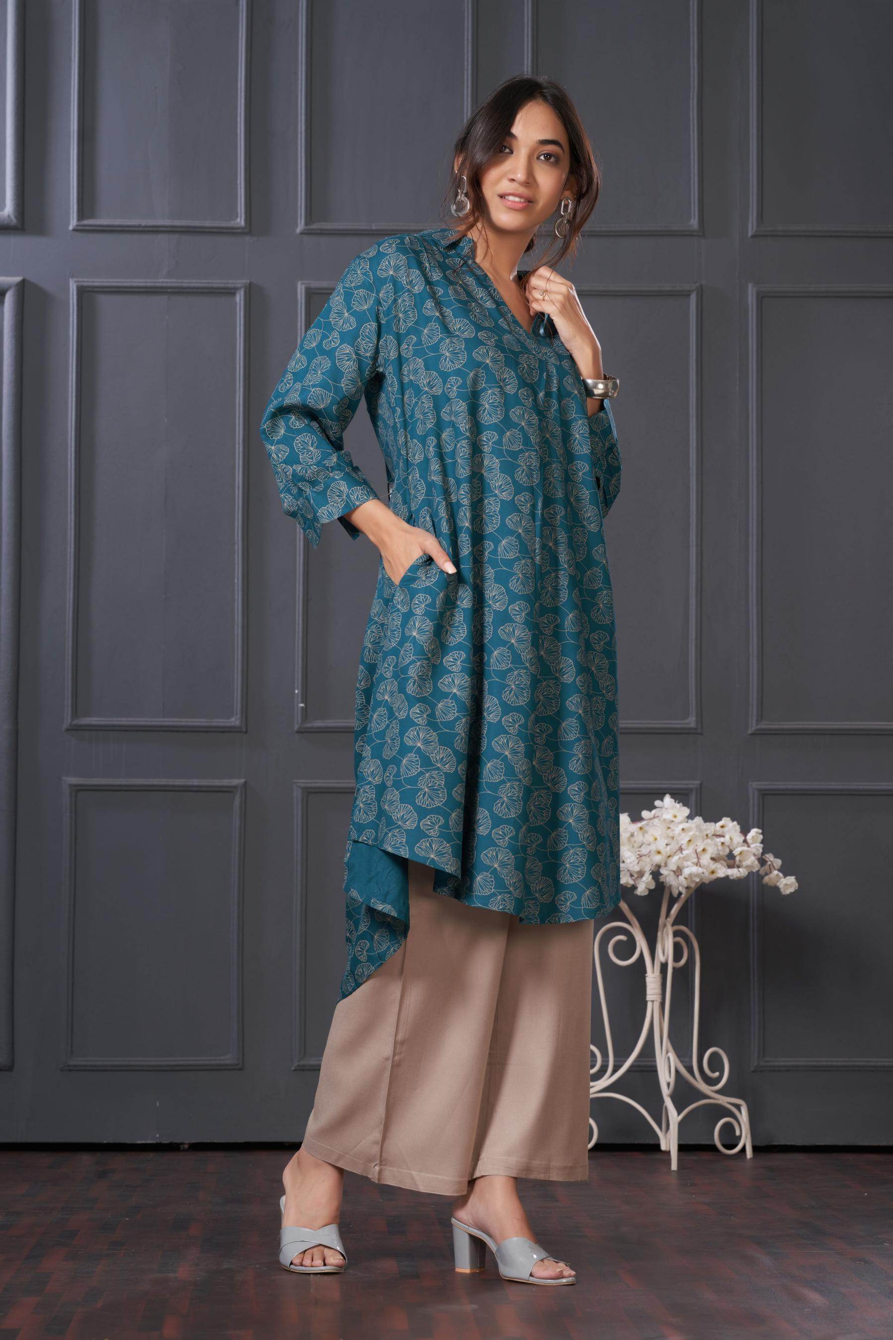 BulBul Lily Teal Printed Rayon Kurta Set