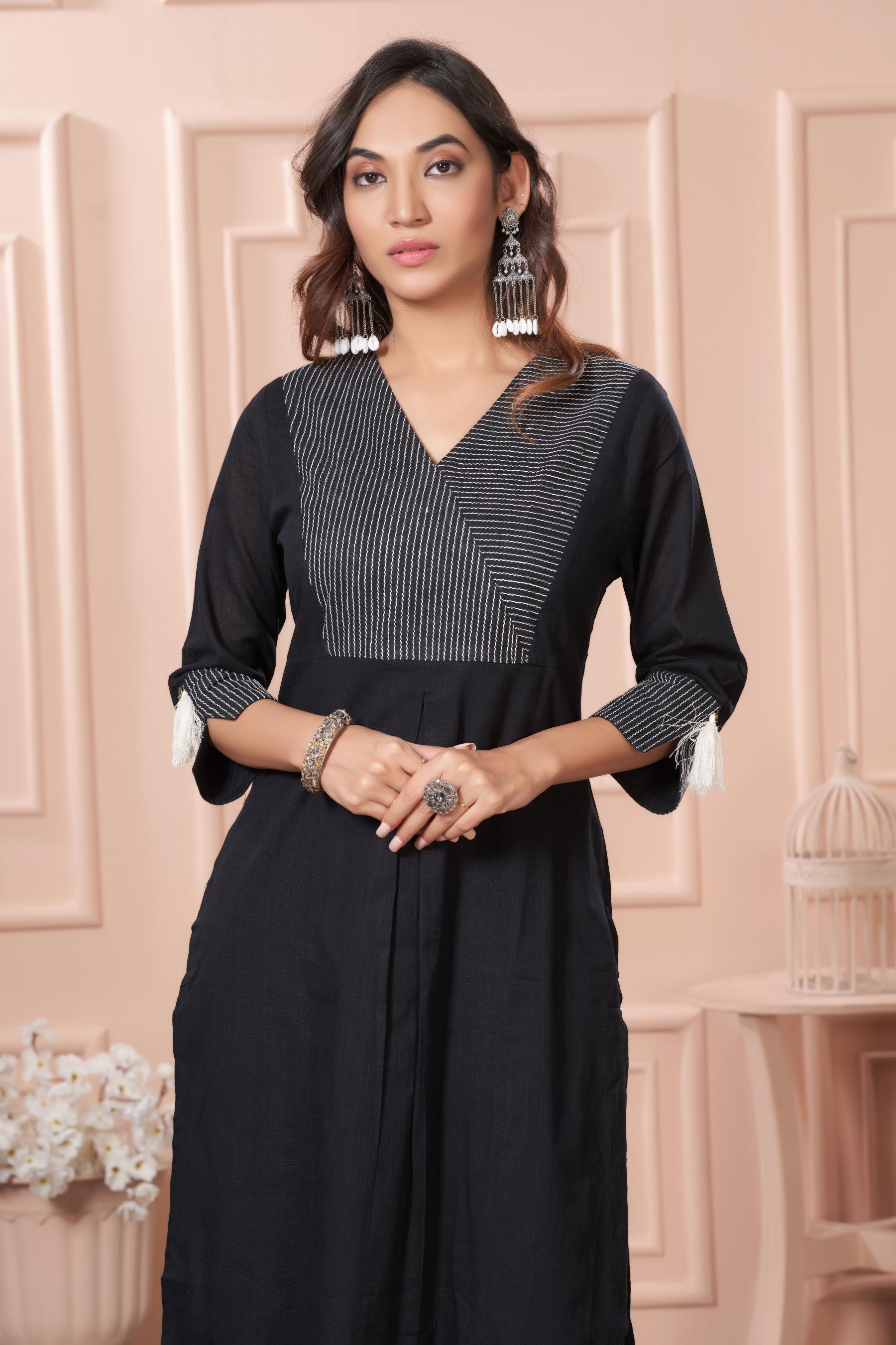 BulBul Khushi Black Cotton Kurta Set with Dupatta