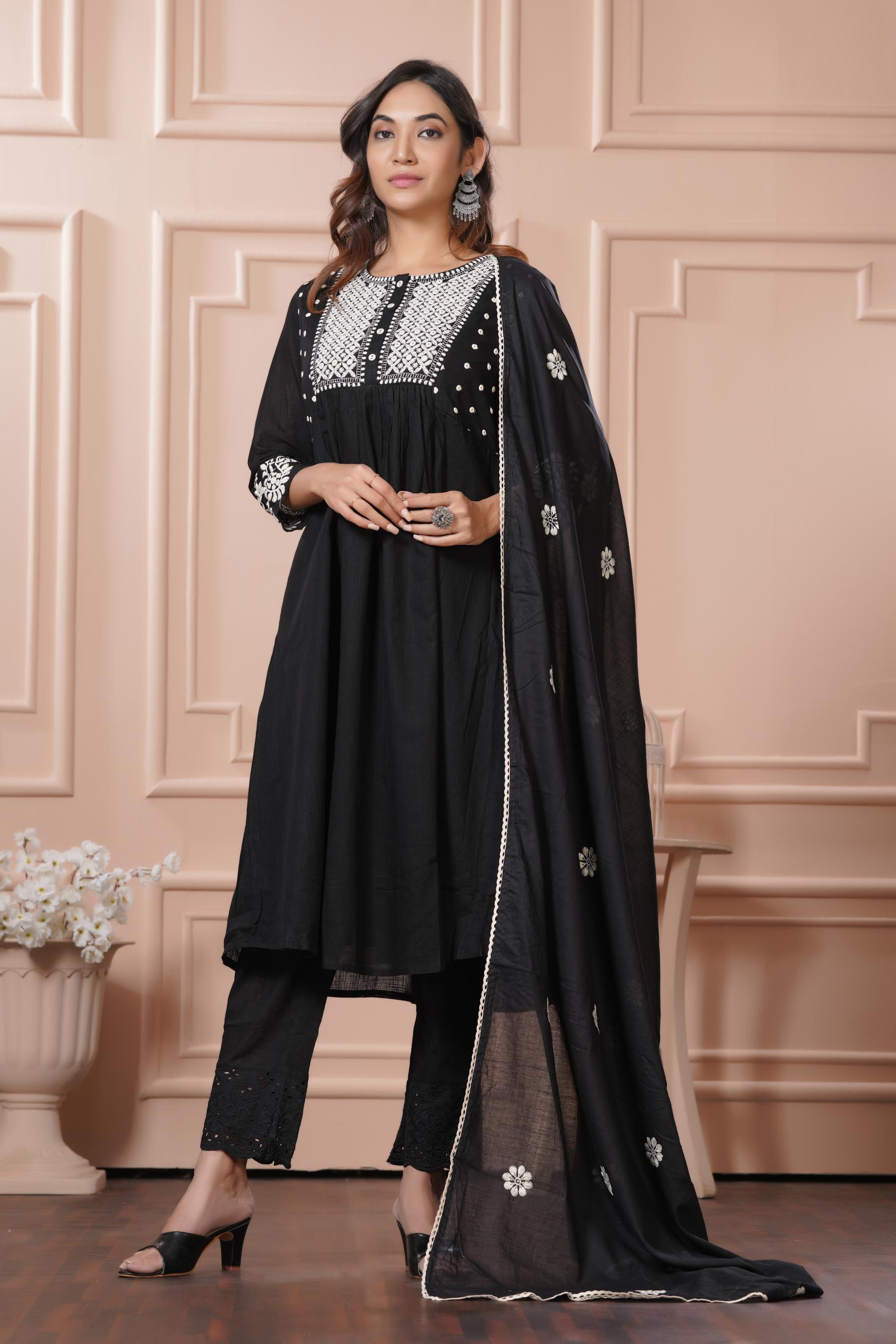 BulBul Abhilasha Cotton Black Kurta Set with Dupatta