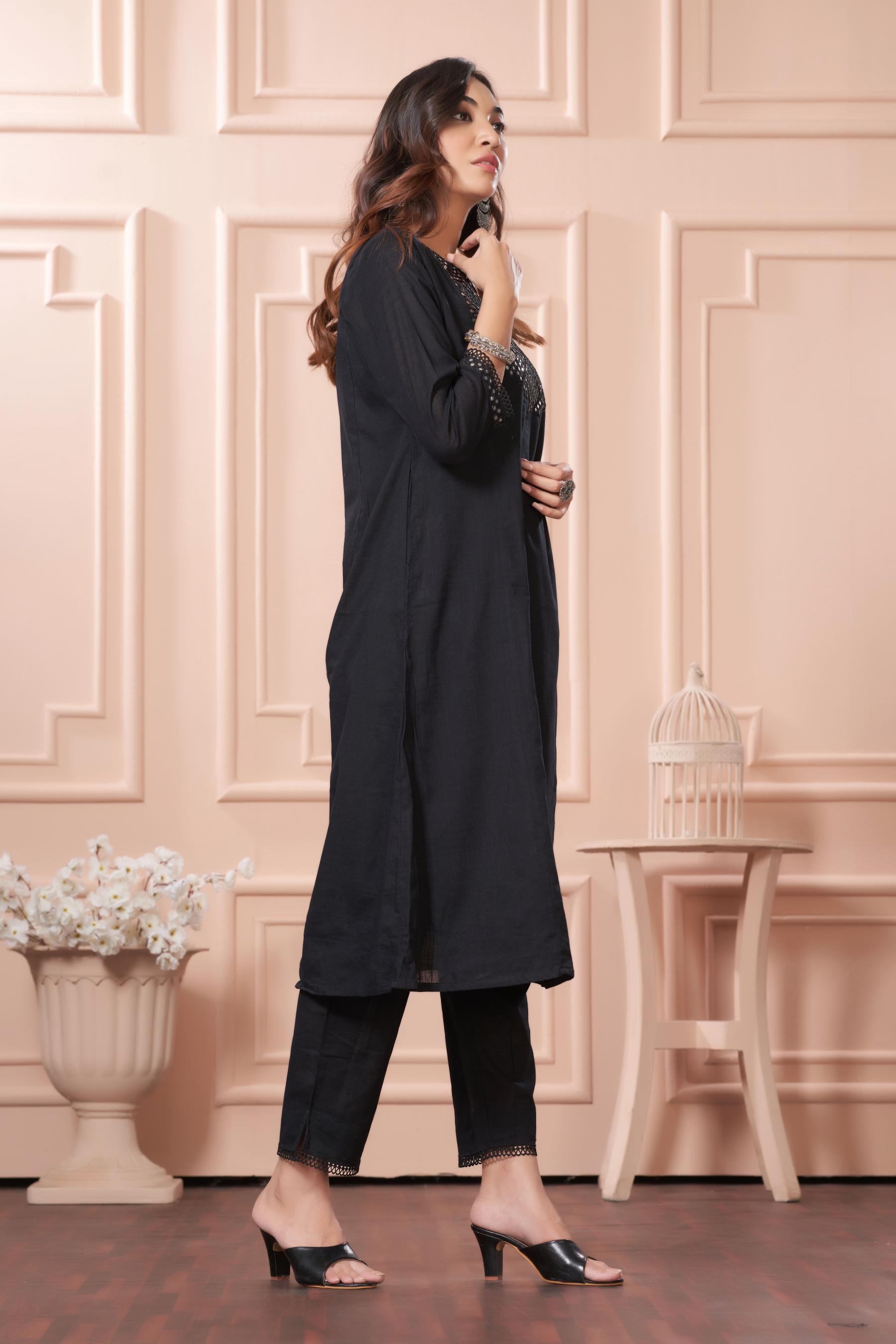 BulBul Maryam Black Cotton Kurta Set with Dupatta