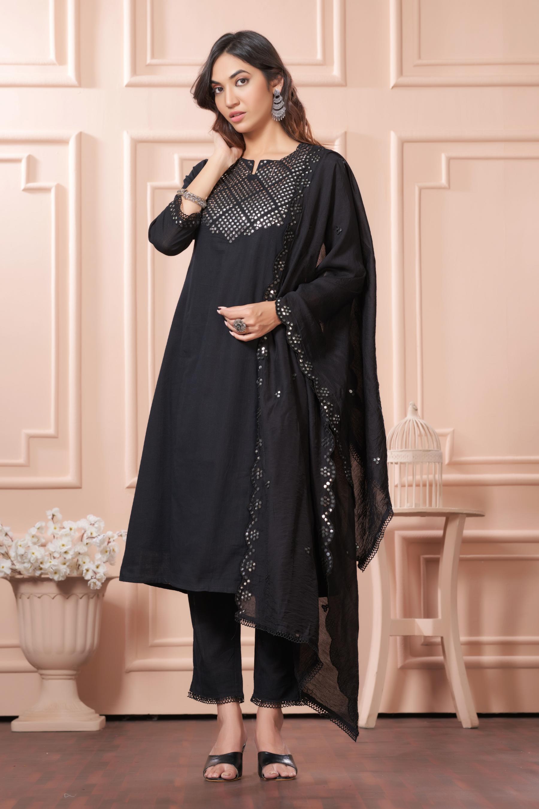 BulBul Maryam Black Cotton Kurta Set with Dupatta