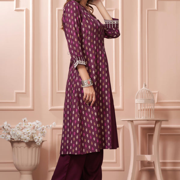 BulBul Lily Wine Printed Rayon Kurta Set