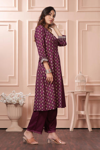 BulBul Lily Wine Printed Rayon Kurta Set