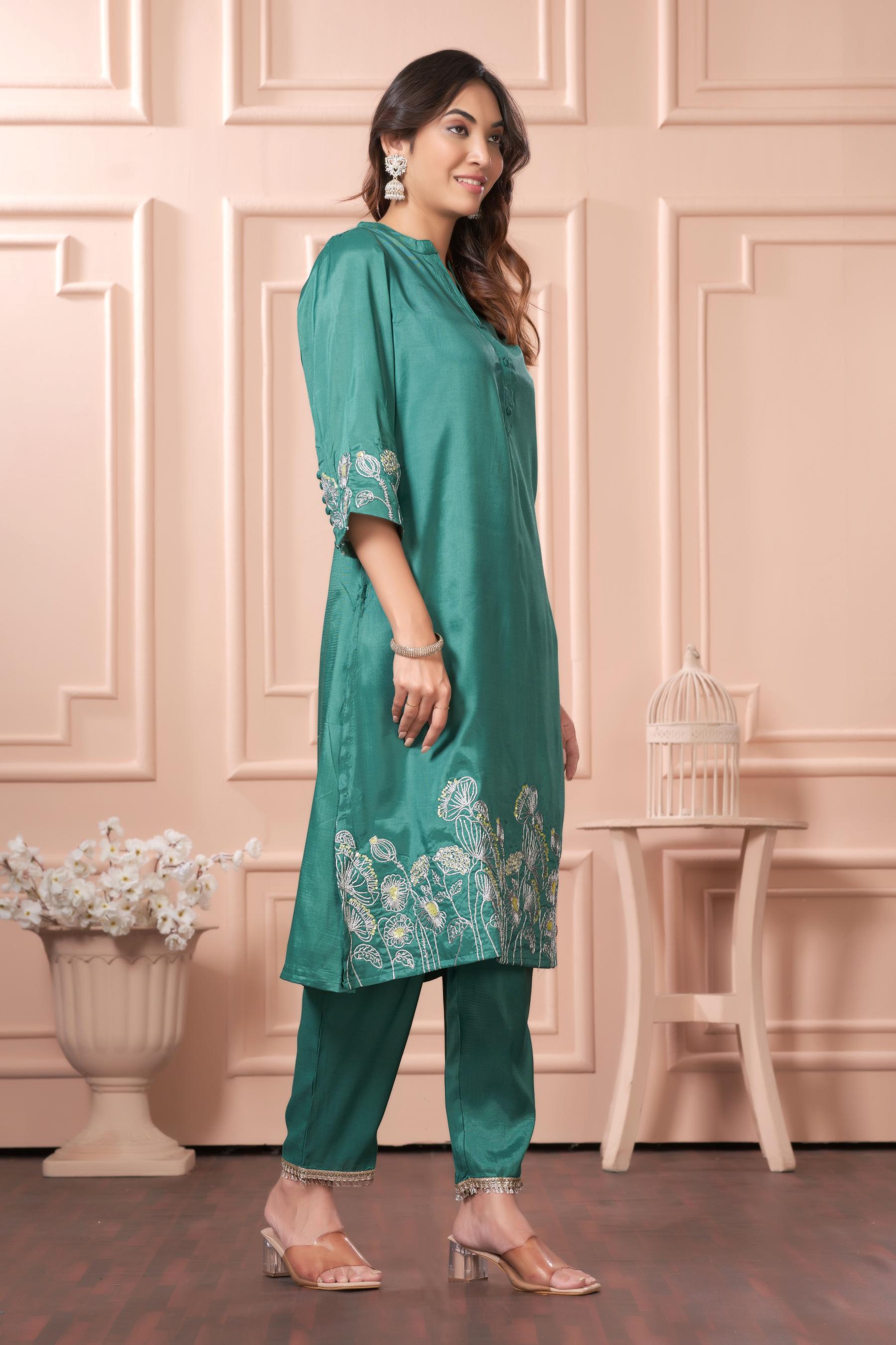 BulBul Kuhu Green Muslin Kurta Set With Dupatta
