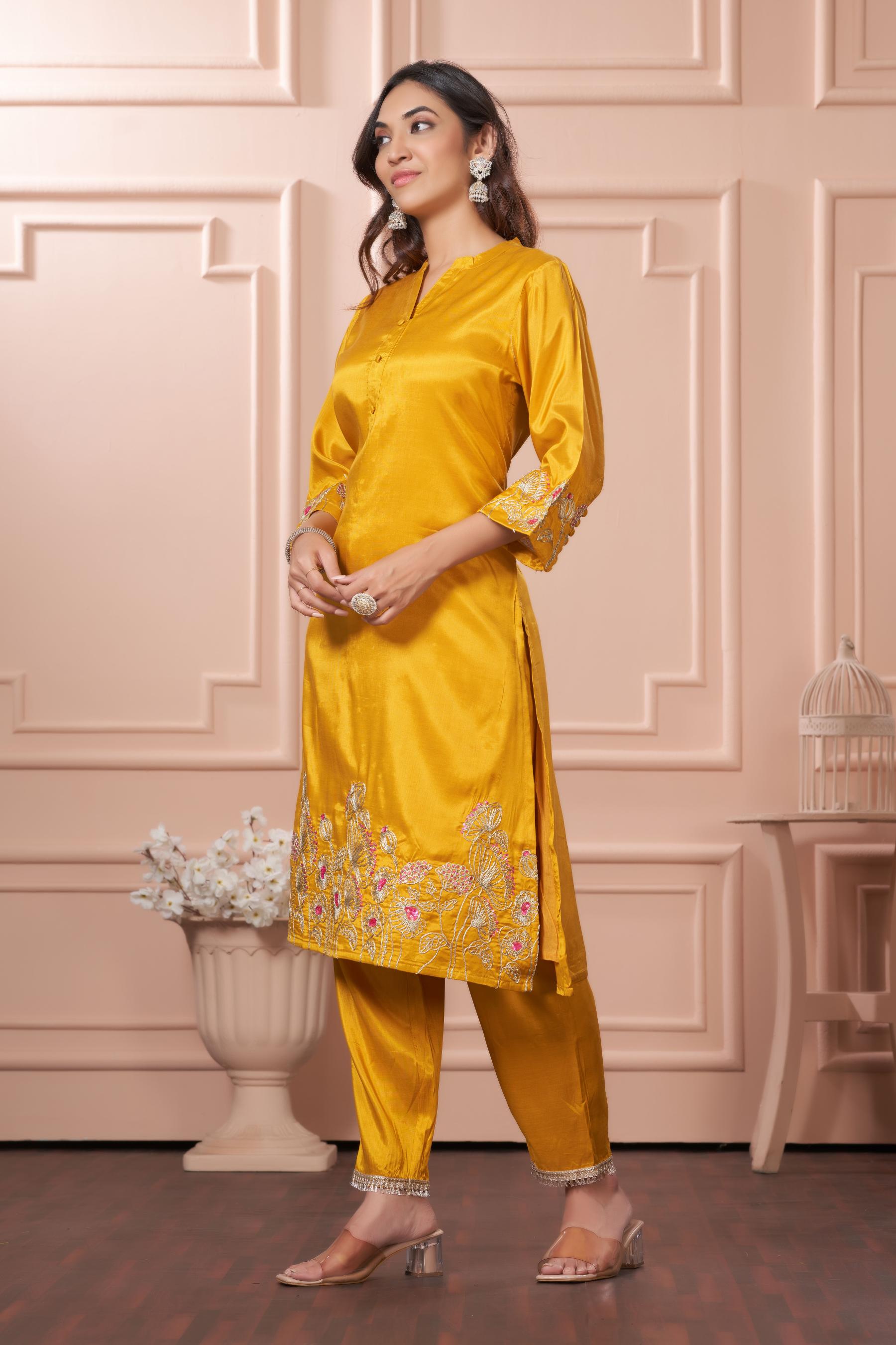 BulBul Kuhu Mustard Muslin Kurta Set With Dupatta