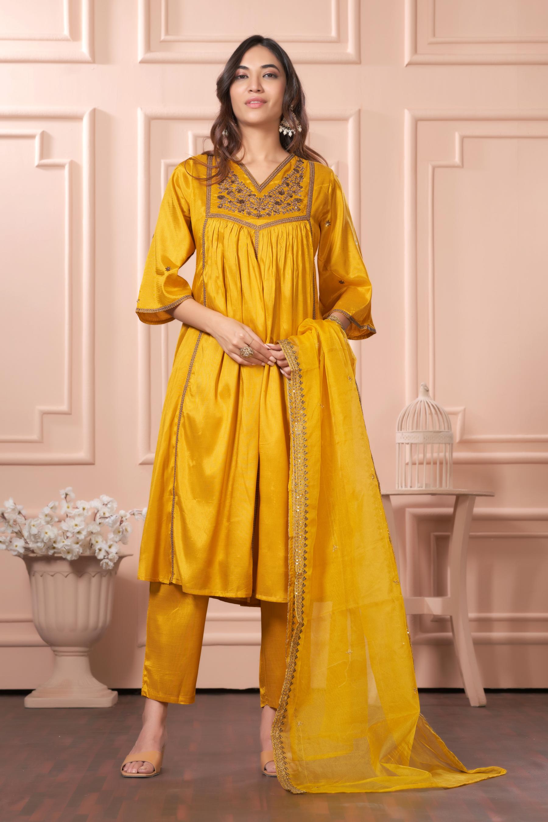 BulBul Praniti Muslin Mustard Kurta Set with Dupatta