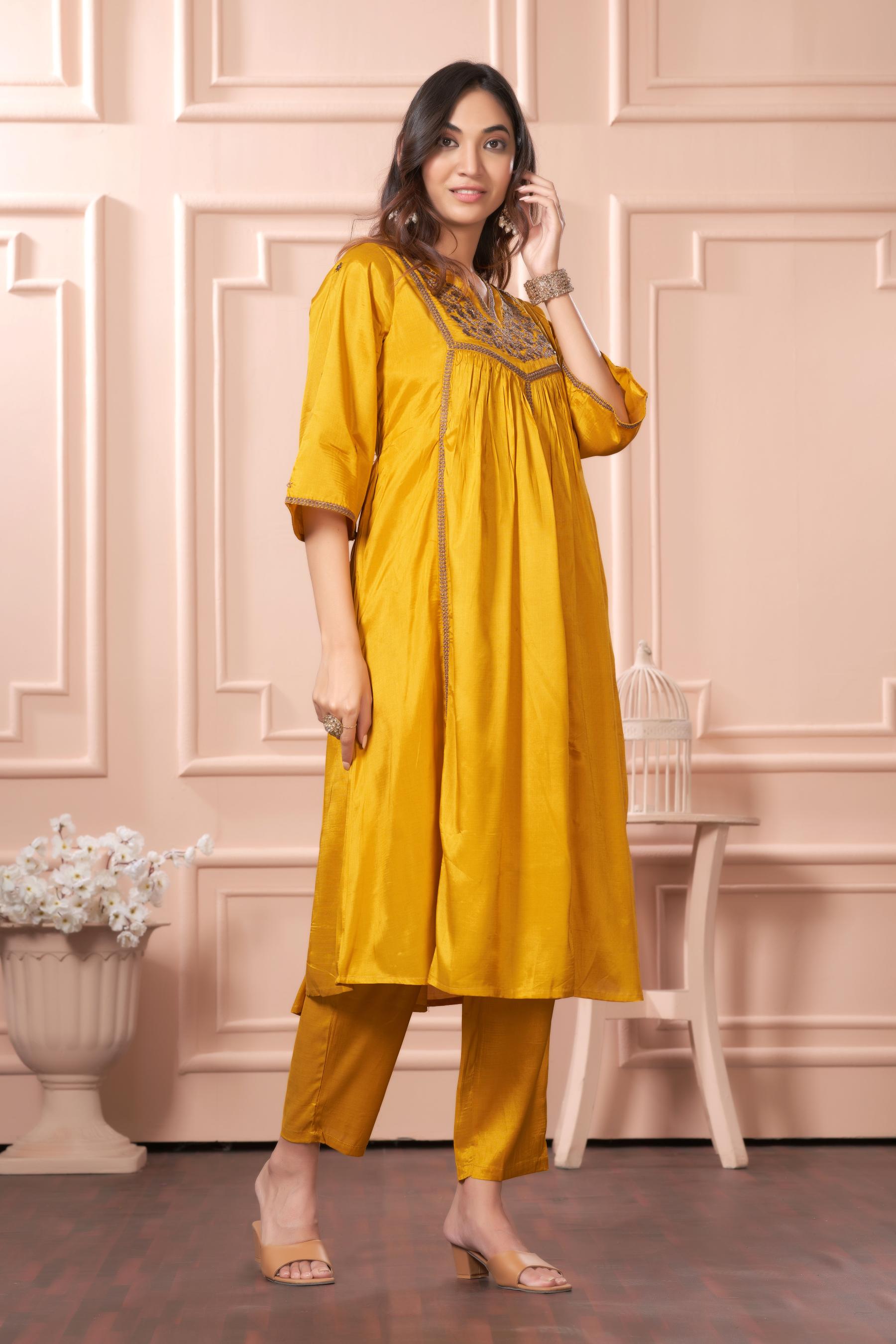 BulBul Praniti Muslin Mustard Kurta Set with Dupatta