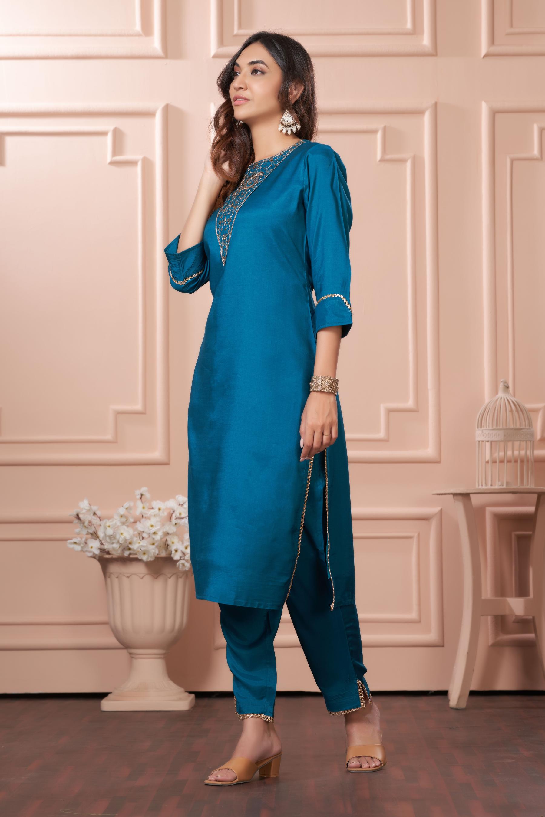 BulBul Adab Muslin Teal Kurta Set with Dupatta