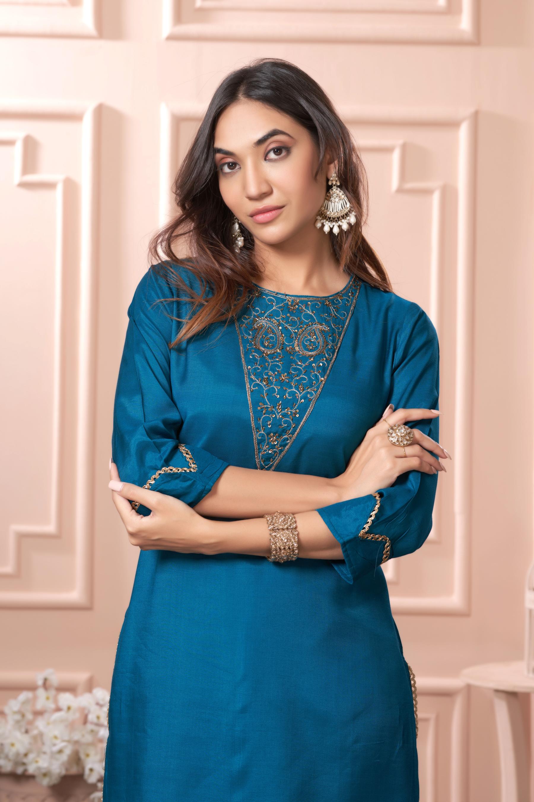 BulBul Adab Muslin Teal Kurta Set with Dupatta