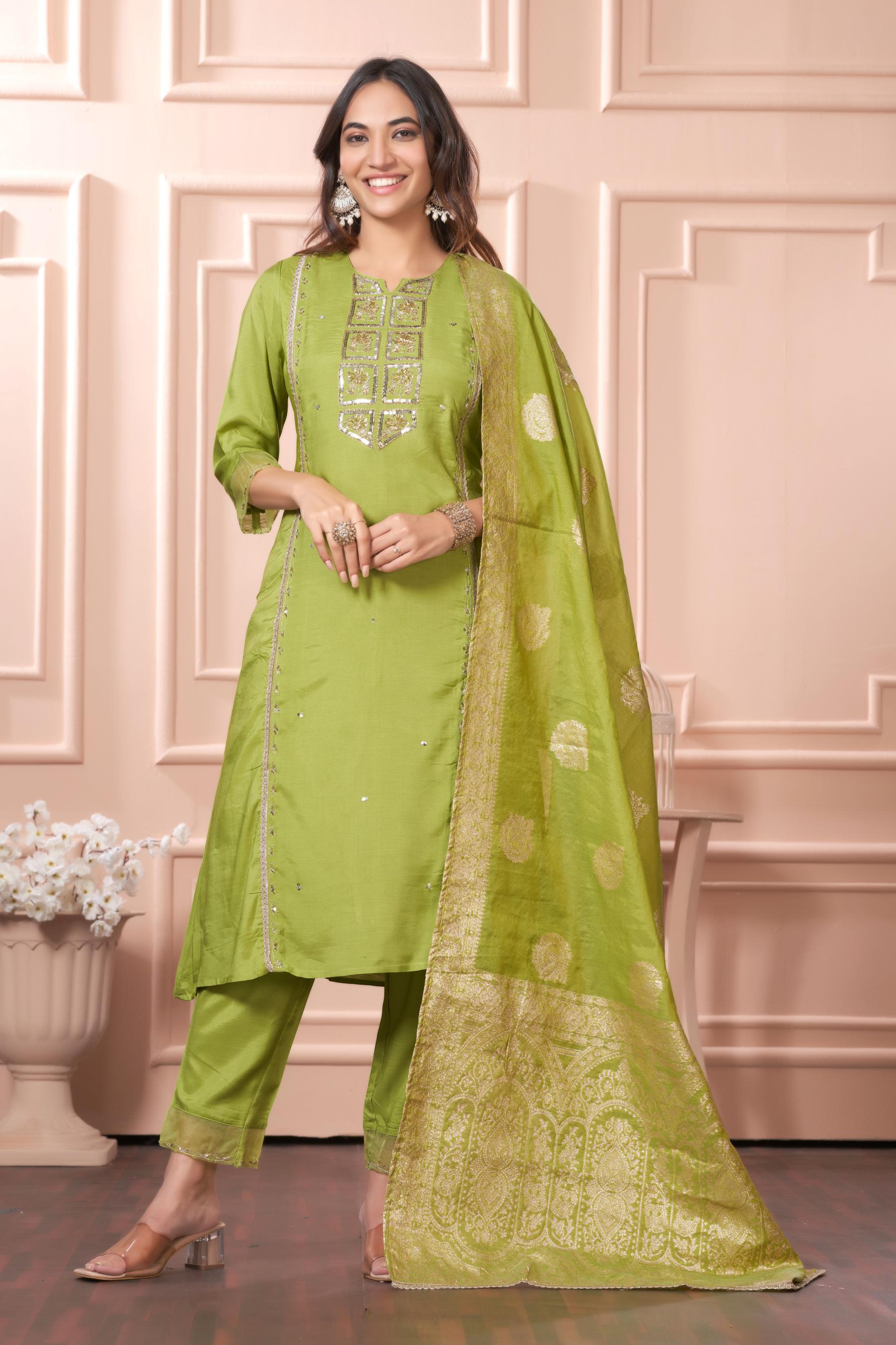 BulBul Nafisa Muslin Green Kurta Set with Dupatta