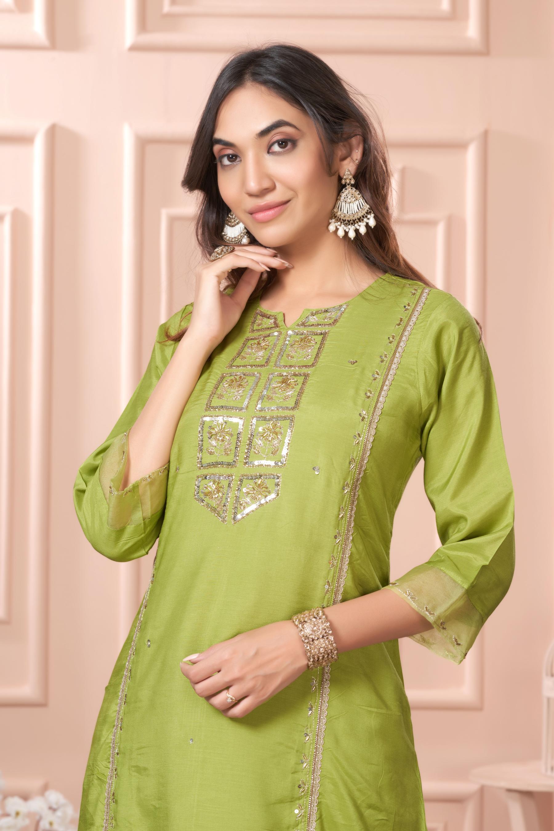 BulBul Nafisa Muslin Green Kurta Set with Dupatta