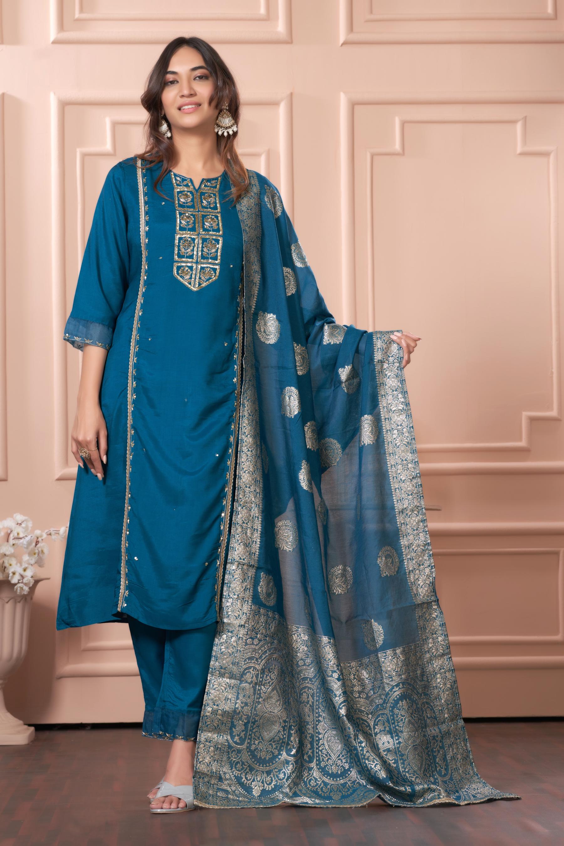BulBul Nafisa Muslin Teal Kurta Set with Dupatta