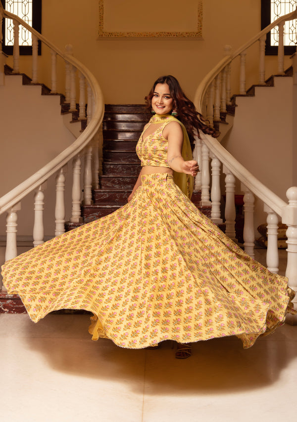 Pomcha Jaipur Kapas Lemon Yellow Floral Lehenga Set