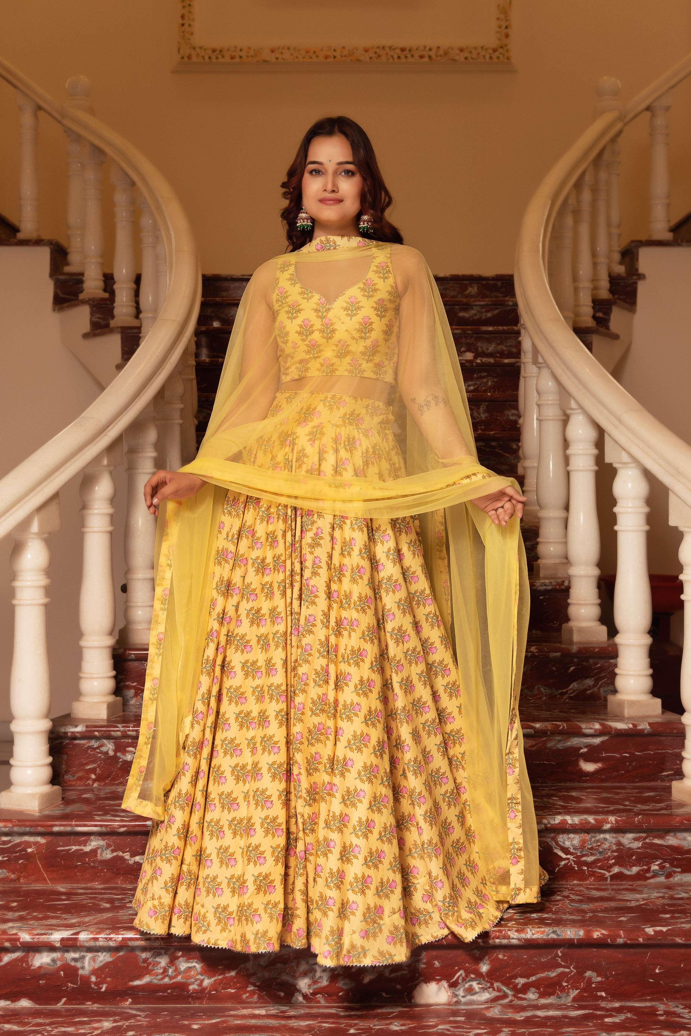 Pomcha Jaipur Kapas Lemon Yellow Floral Lehenga Set - Distacart